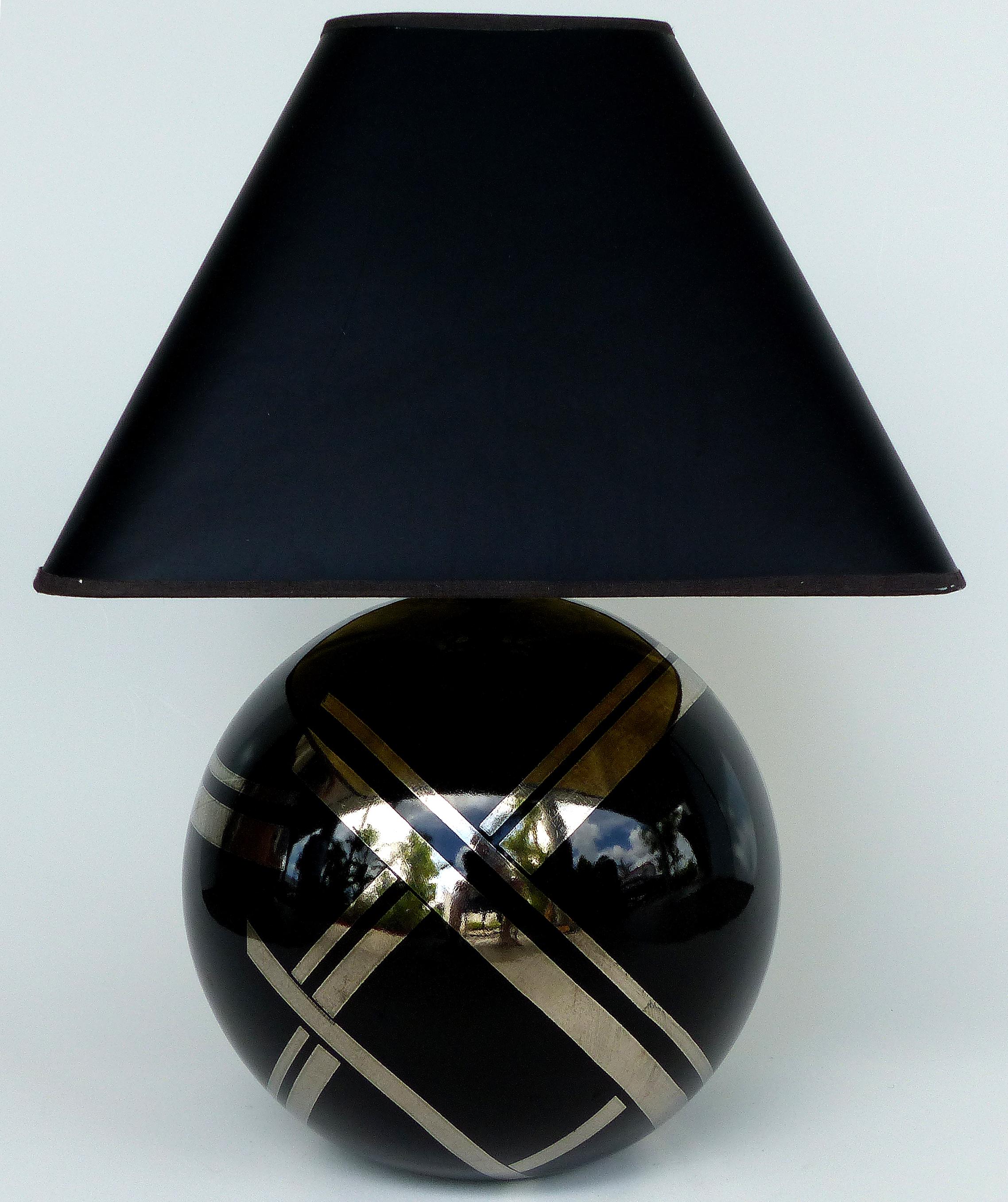American Art Deco Spherical Lamp with Silver Leaf Designs in the Style of Jean Dunand
