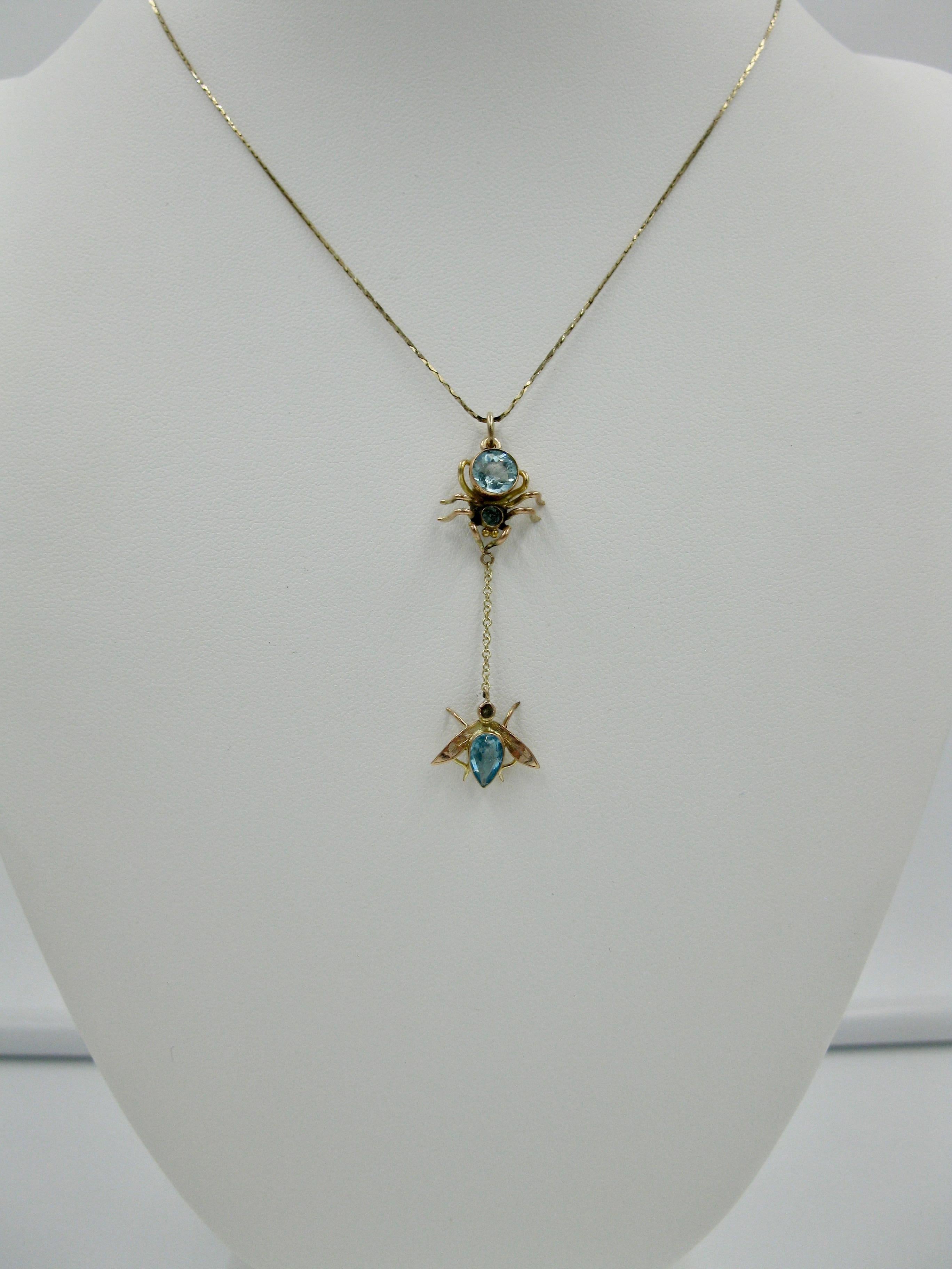 Art Deco Spider and Fly Insect Pendant Blue Topaz Gold In Good Condition In New York, NY