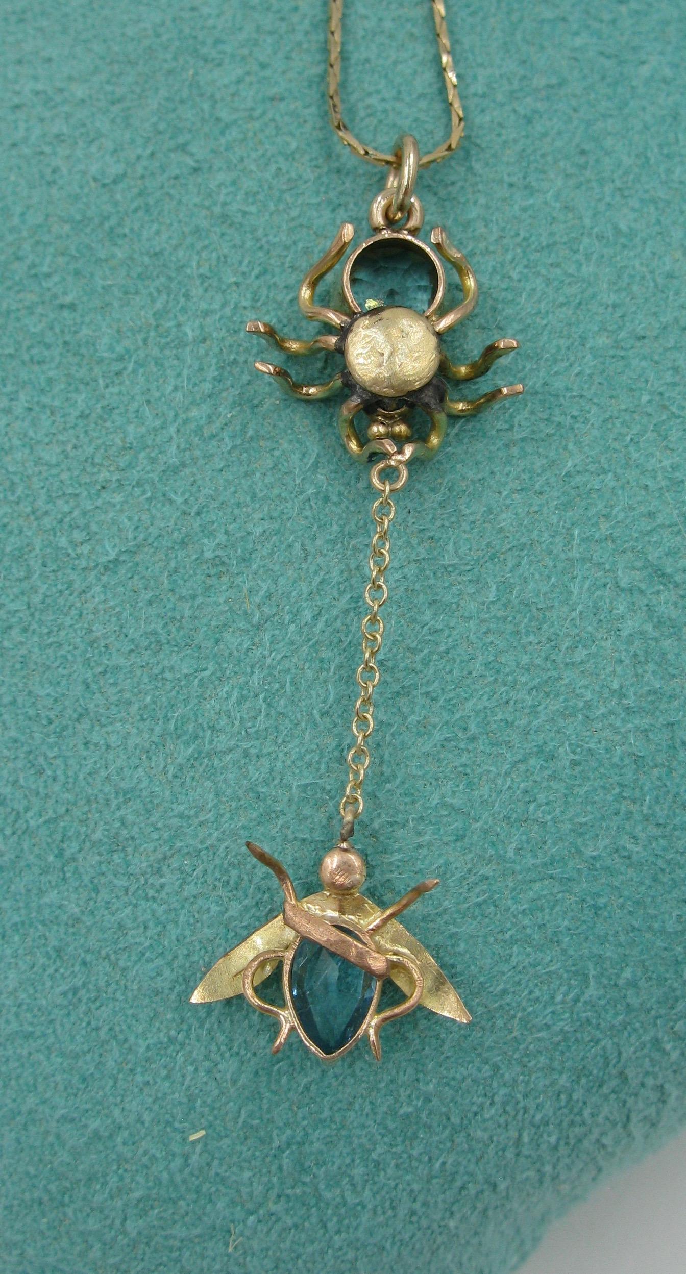 Women's Art Deco Spider and Fly Insect Pendant Blue Topaz Gold