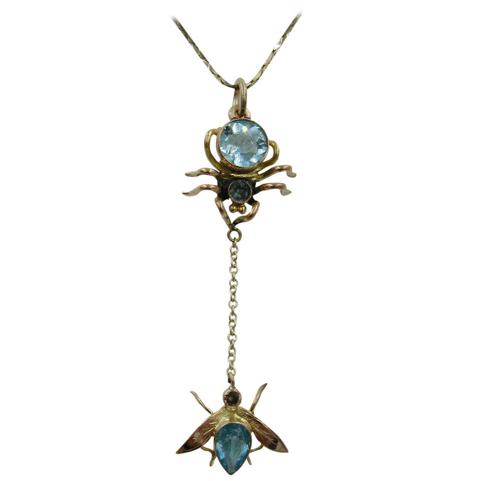 Flying Insect Pendent Art Deco Spider and Fly Insect Pendant Blue Topaz Gold at 1stDibs