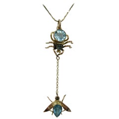 Antique Art Deco Spider and Fly Insect Pendant Blue Topaz Gold