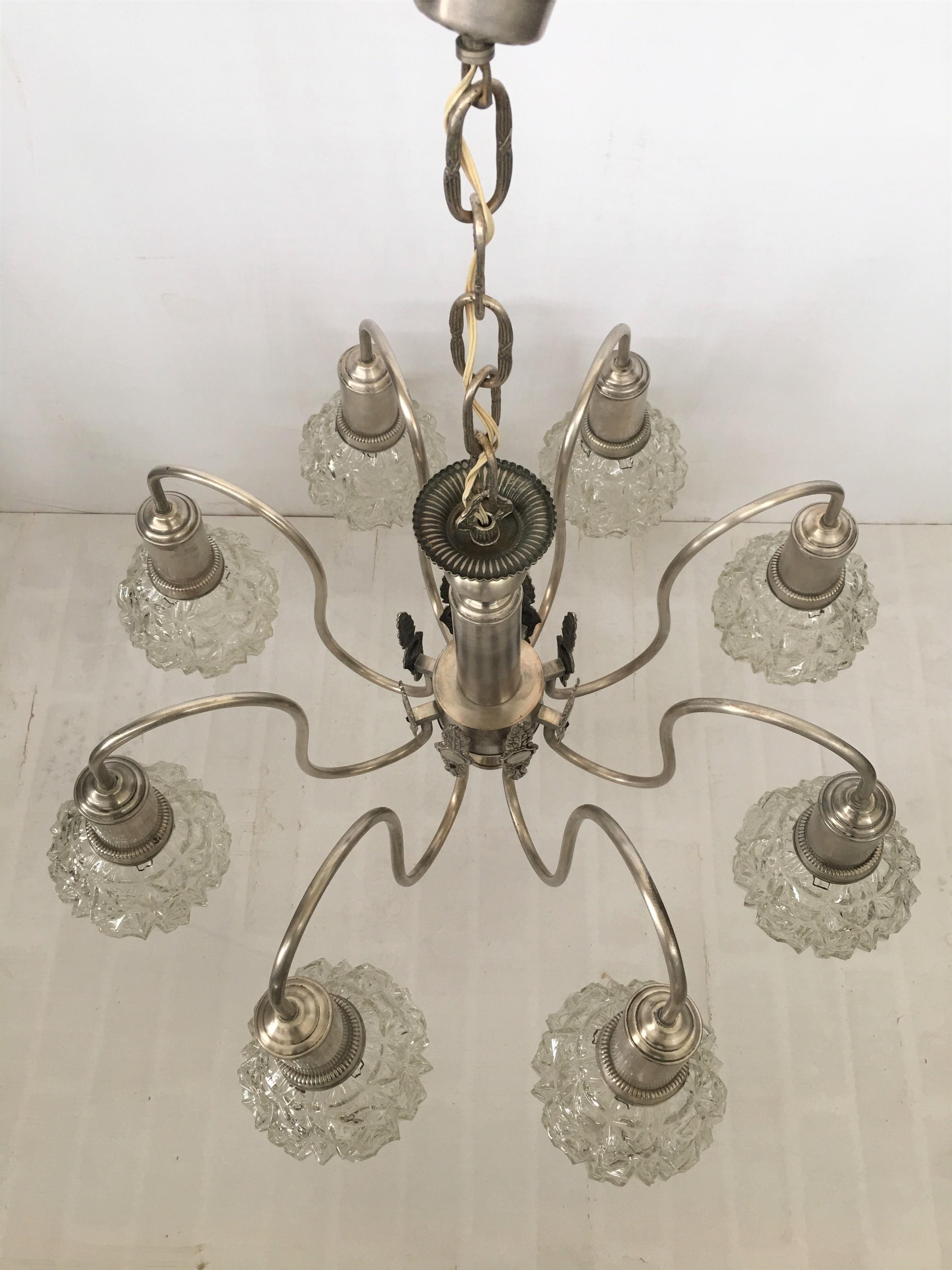 Art Deco Spider Ceiling Lamp with Eight Cut Glass Balls (Italienisch)