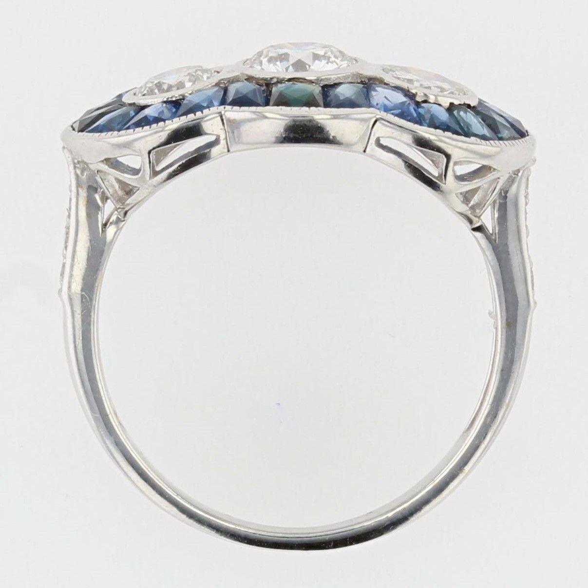 Art Deco Style Calibrated Sapphire Diamonds 18 Karat White Gold Ring For Sale 4