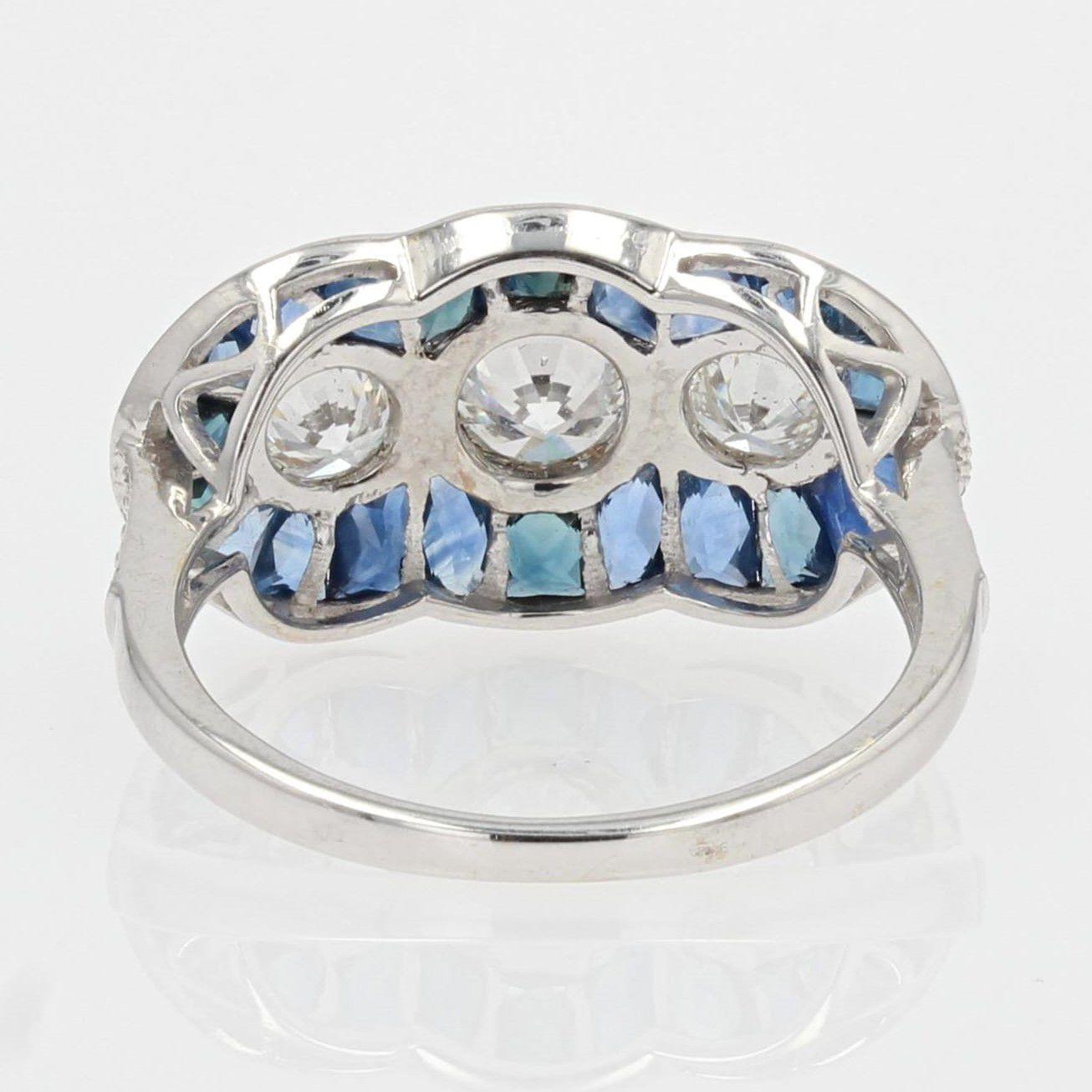 Art Deco Style Calibrated Sapphire Diamonds 18 Karat White Gold Ring For Sale 5
