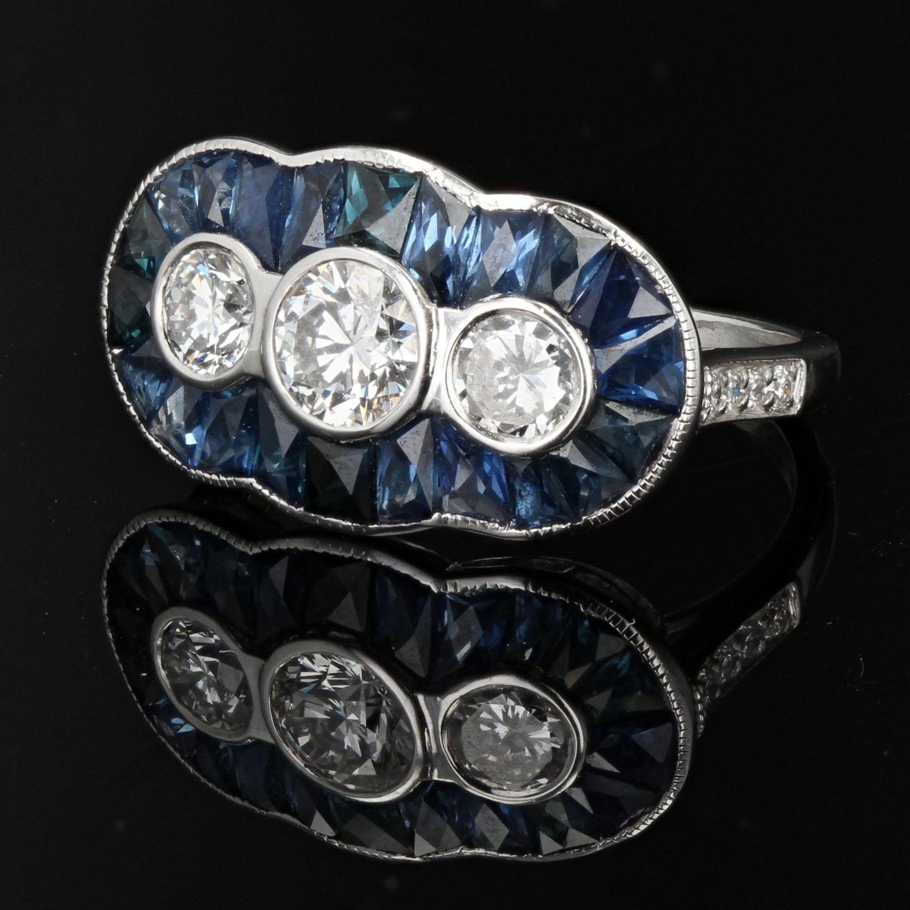 Brilliant Cut Art Deco Style Calibrated Sapphire Diamonds 18 Karat White Gold Ring For Sale