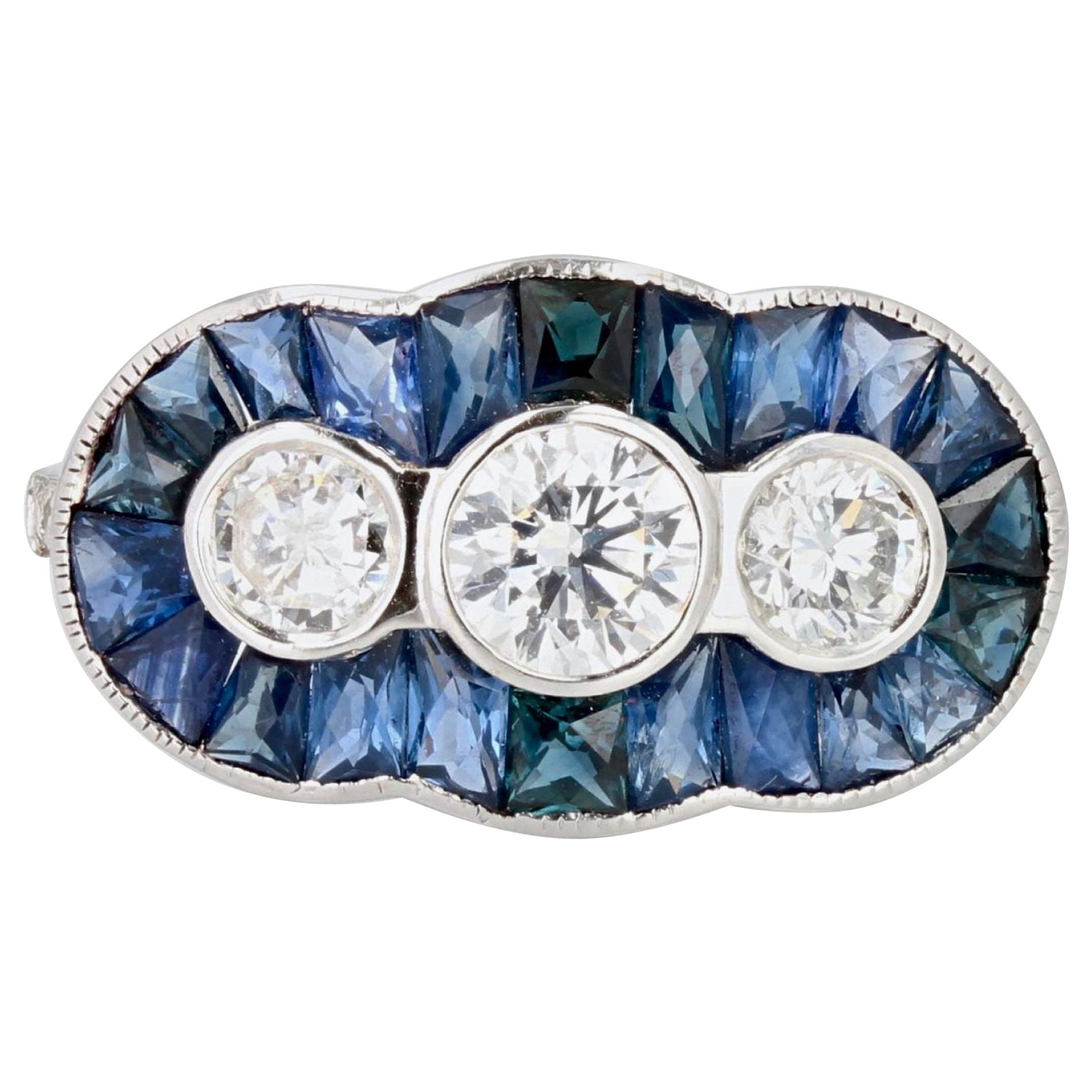 Art Deco Style Calibrated Sapphire Diamonds 18 Karat White Gold Ring