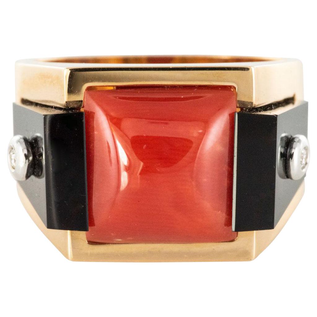 Art Deco Style Spirit Coral Sugar Loaf Onyx Diamond Signet Ring