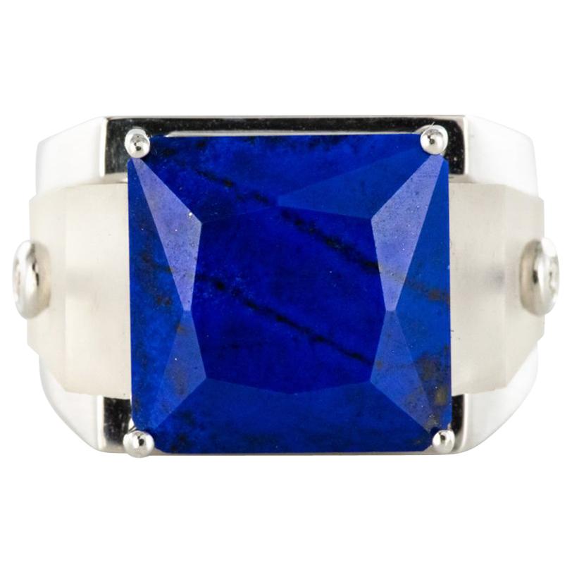 Art Deco Style Spirit Lapis Lazuli Rock Crystal Diamond Signet Ring For Sale