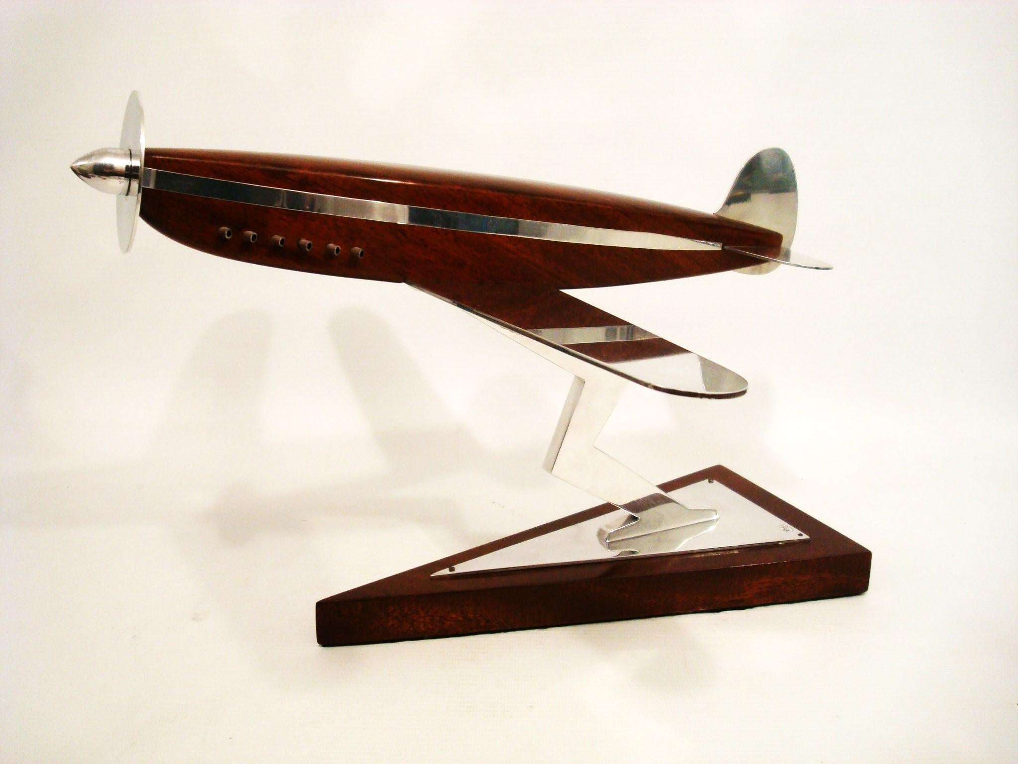 Mid-Century Modern Art Deco Spitfire Wooden & Aluminum Airplane Desk Model, Asprey, ca 1940's For Sale