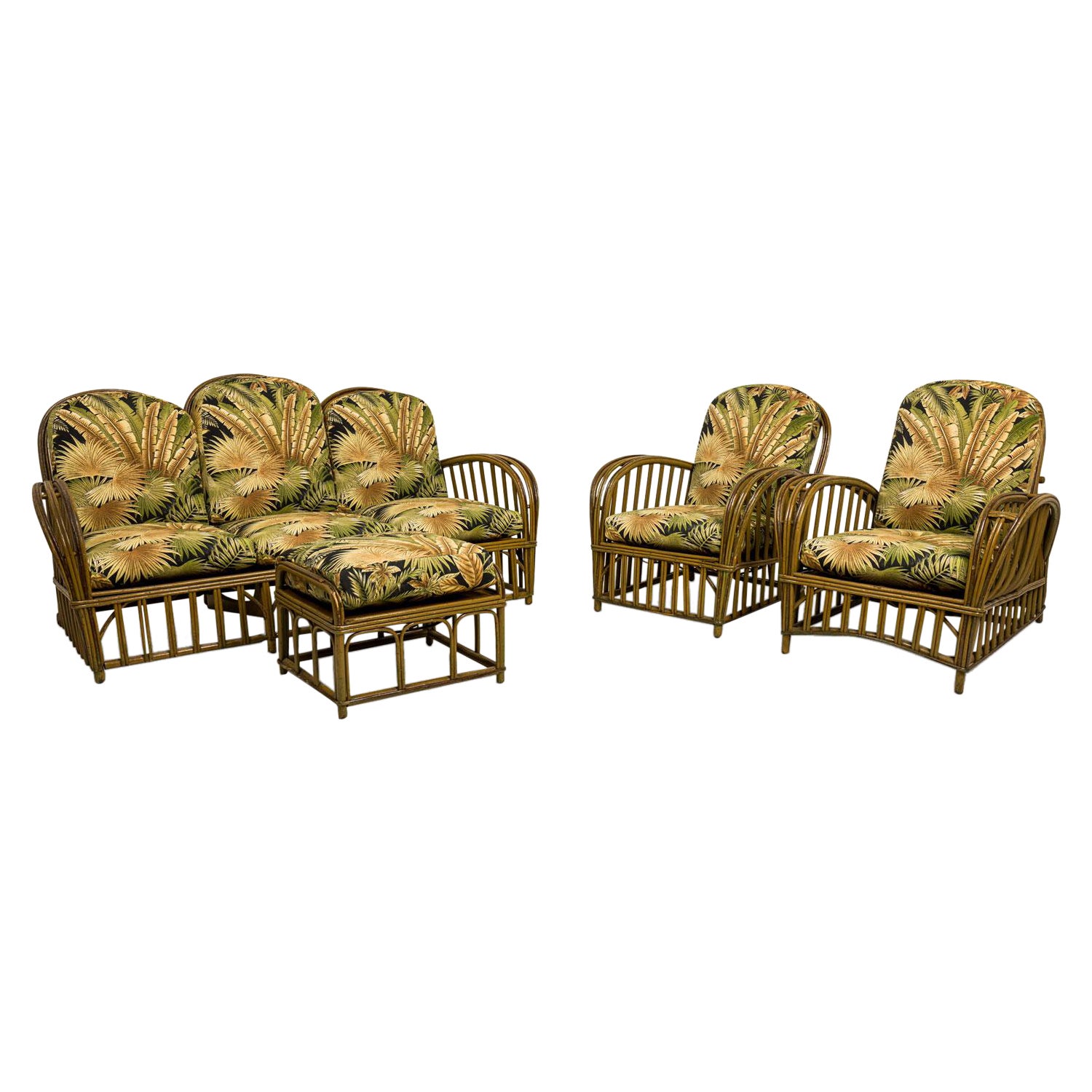 Art Deco Split Reed Rattan Salon Seating Set For Sale