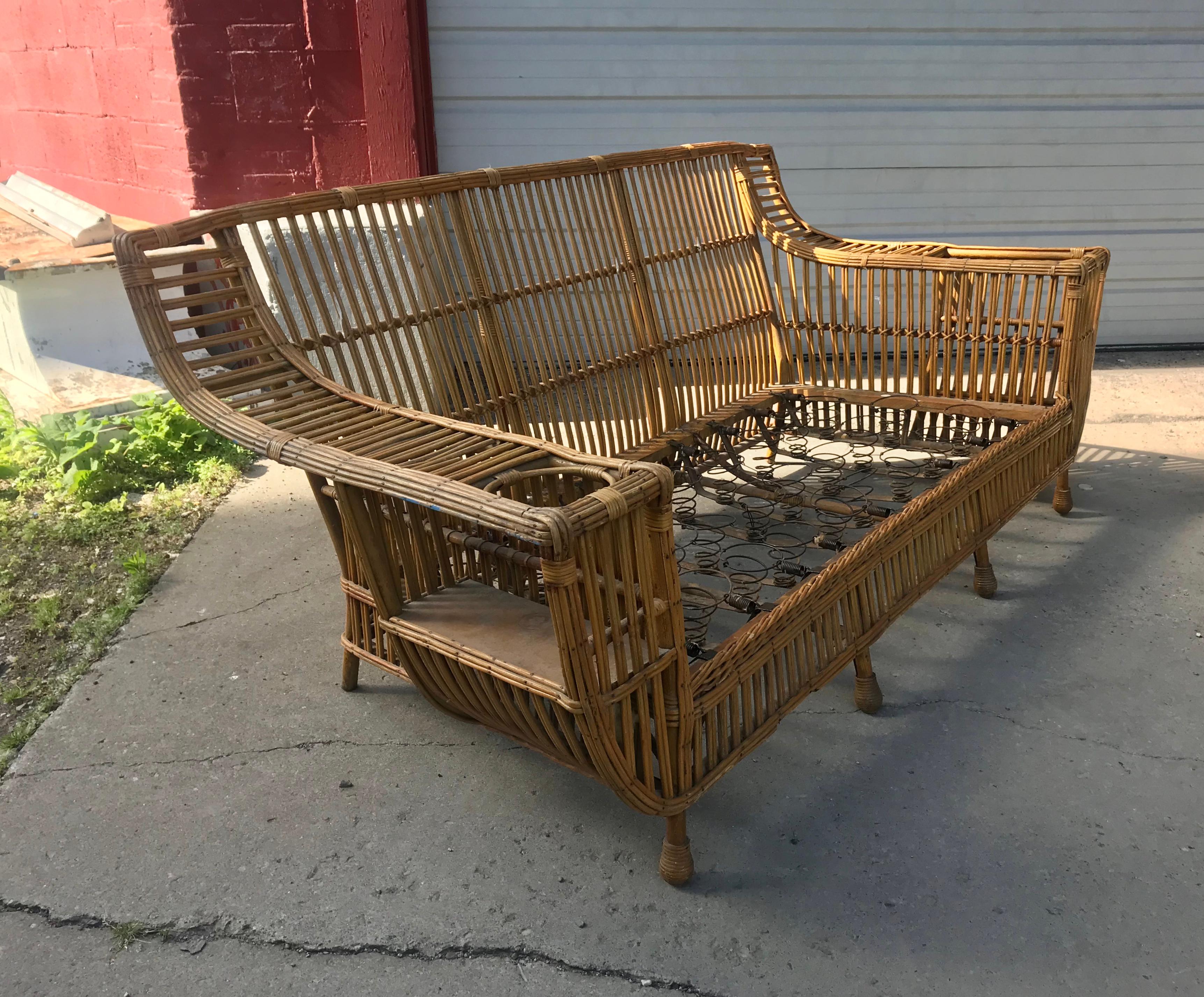 Mid-20th Century Art Deco Split Reed / Stick Wicker 3 Piece Suite, Niagara Reedcraft Co.