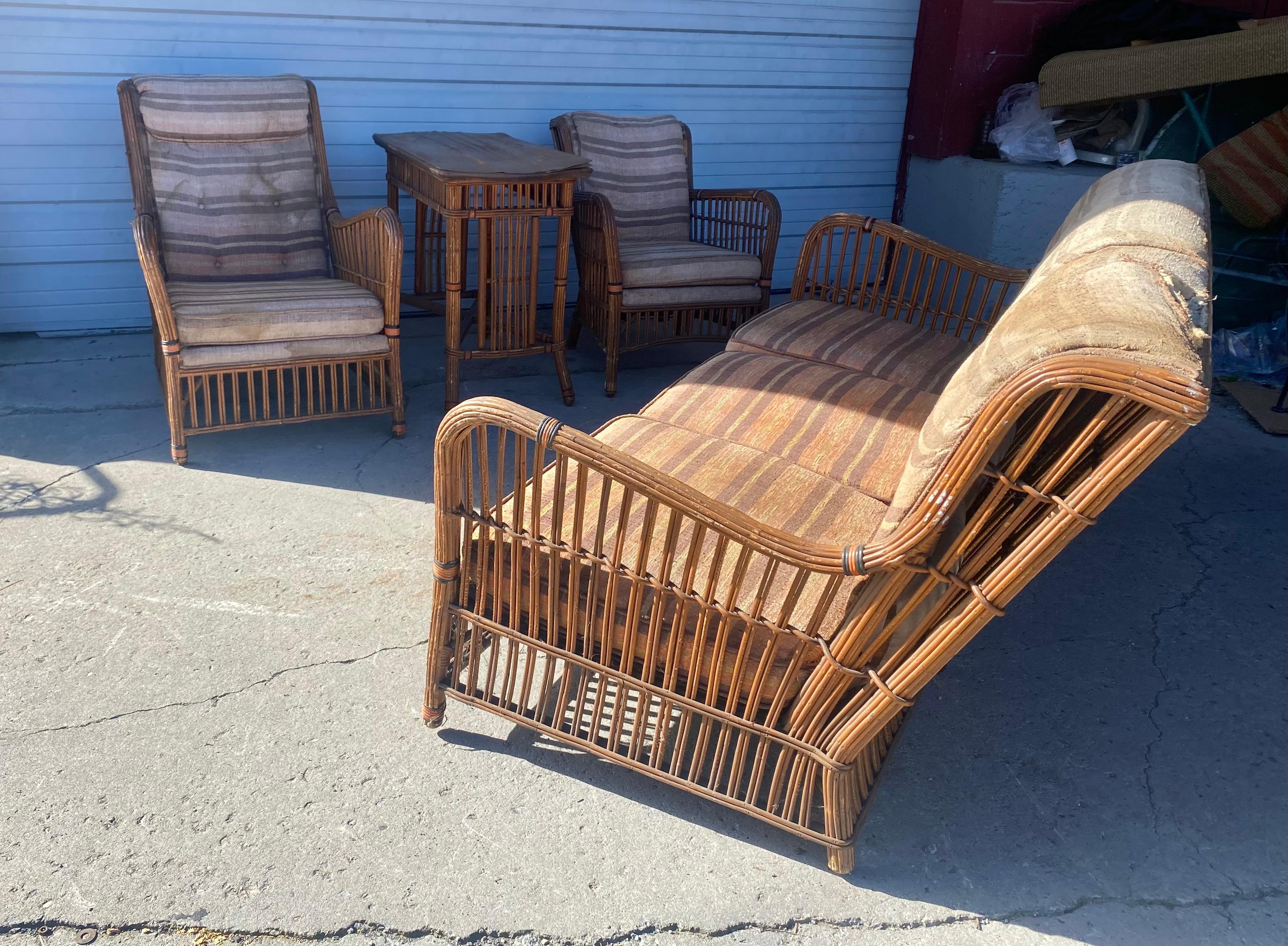 Art Deco Split Reed / Stick Wicker 4 Piece Seating, and Table, Unusual Design 1