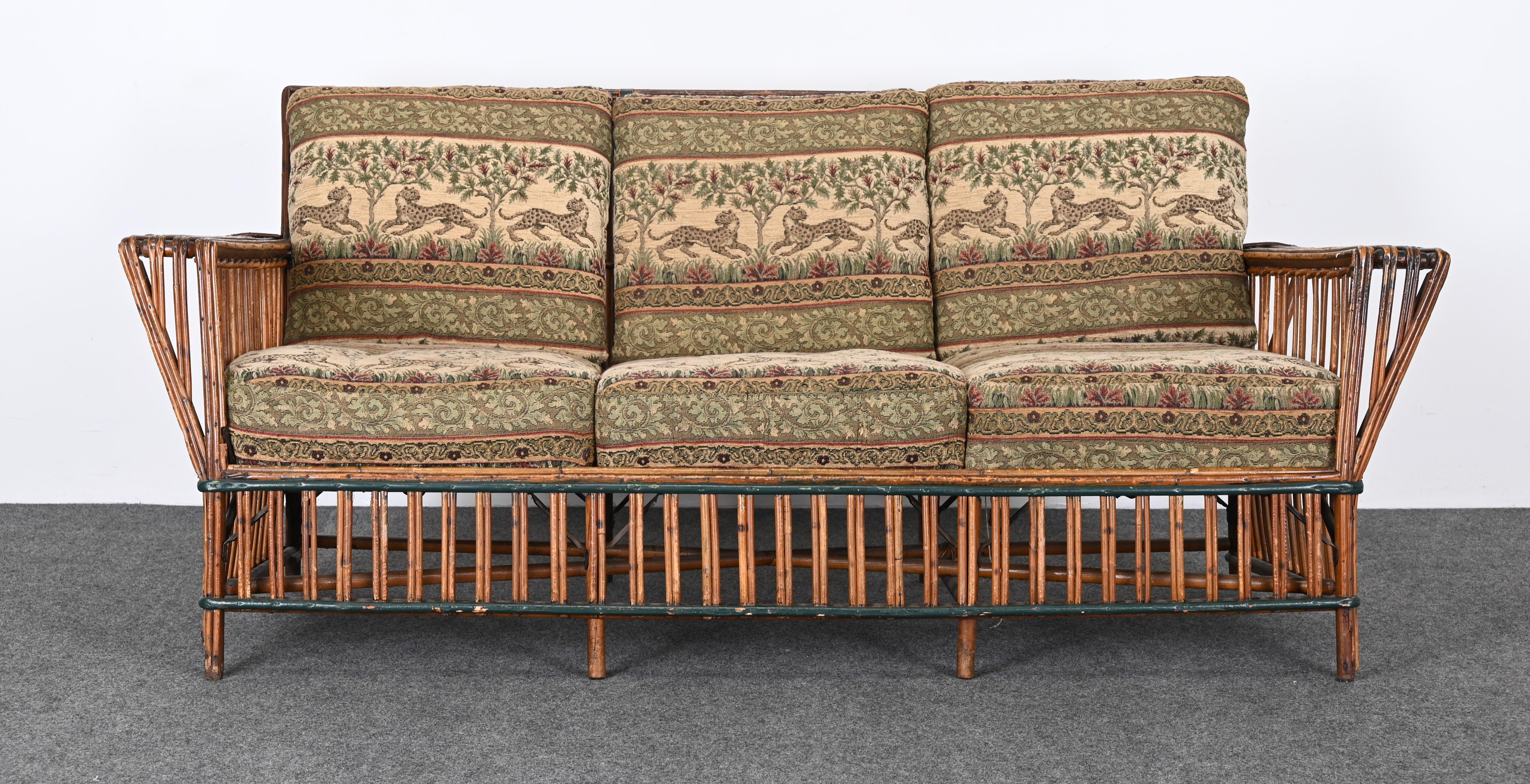 Art Deco geteilter Ypsilanti Stick Schilf Korbweide oder Sofa mit Paar Sessel, ca. 1930er Jahre 7
