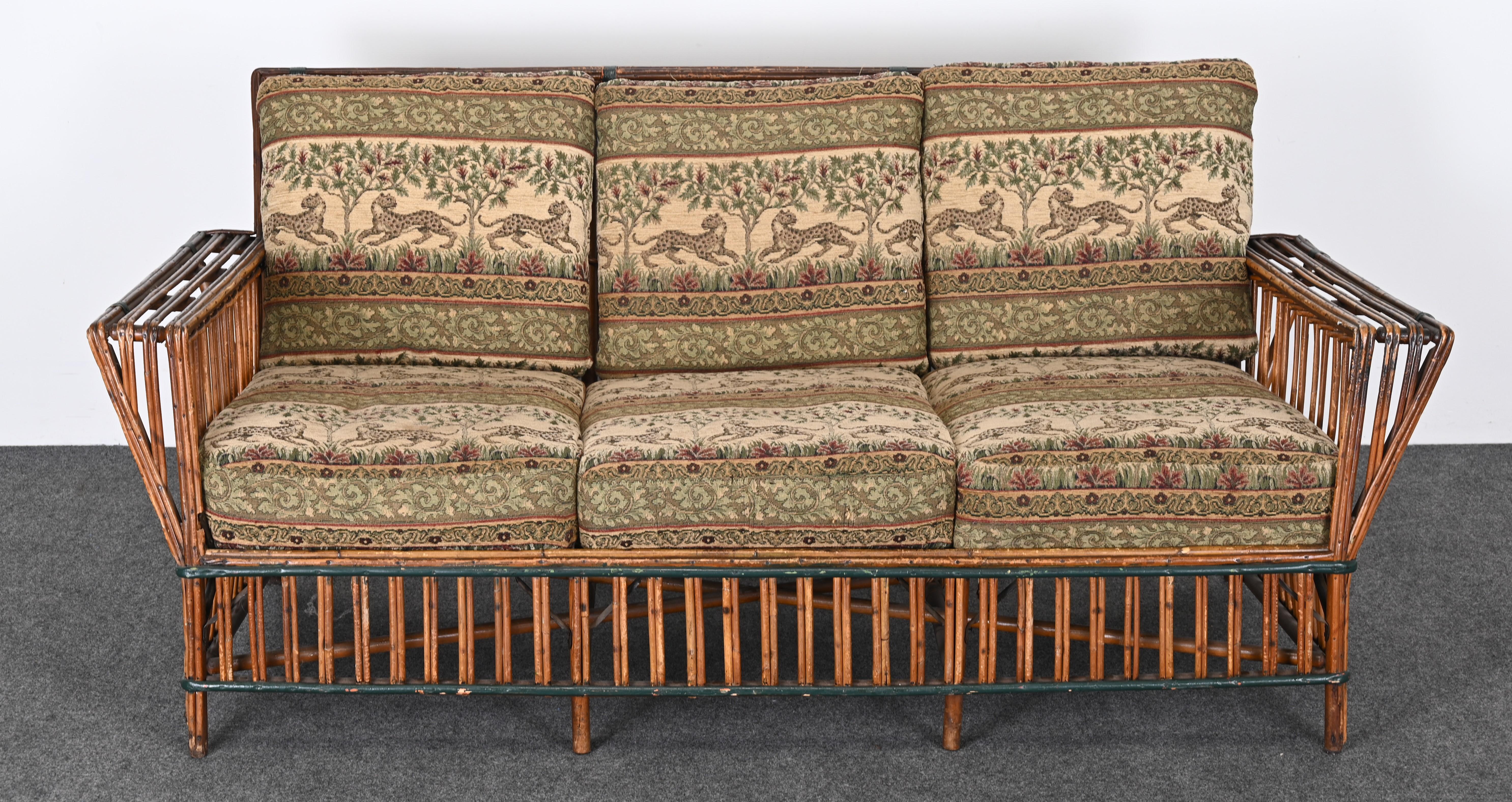 Art Deco geteilter Ypsilanti Stick Schilf Korbweide oder Sofa mit Paar Sessel, ca. 1930er Jahre 8