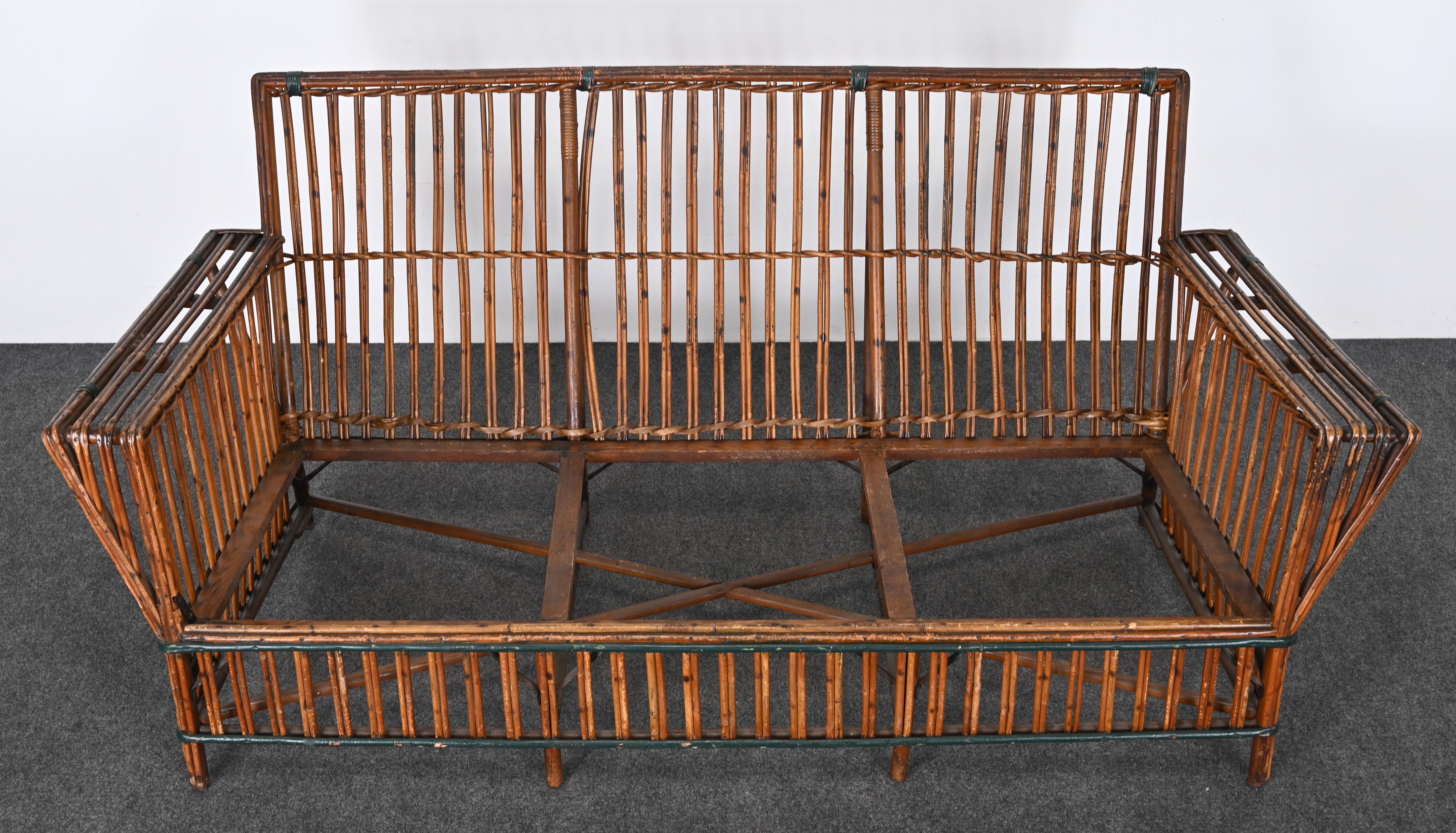 Art Deco Split Ypsilanti Stick Reed Wicker or Sofa with Pair Arm Chairs c. 1930s For Sale 10