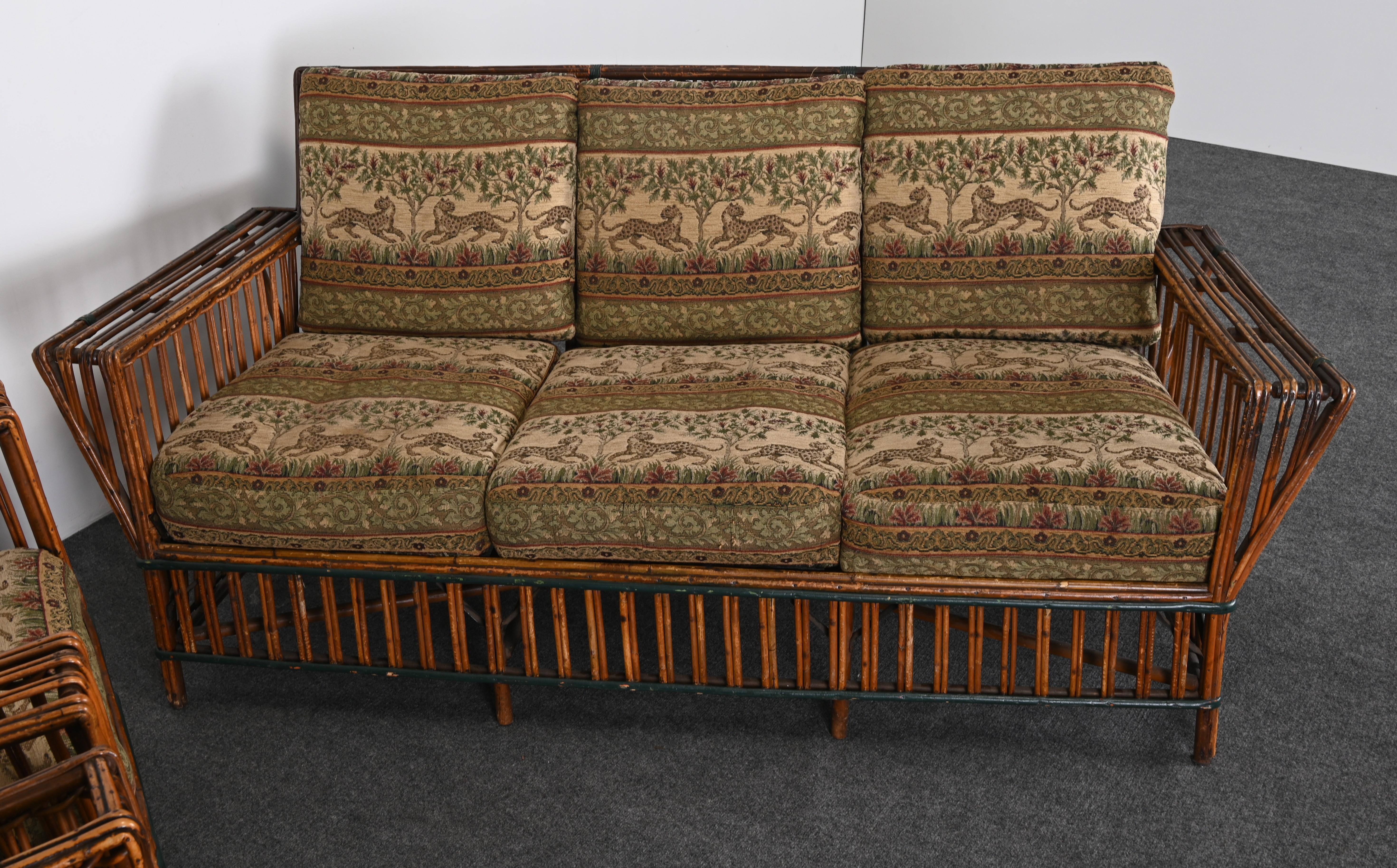 American Art Deco Split Ypsilanti Stick Reed Wicker or Sofa with Pair Arm Chairs c. 1930s For Sale
