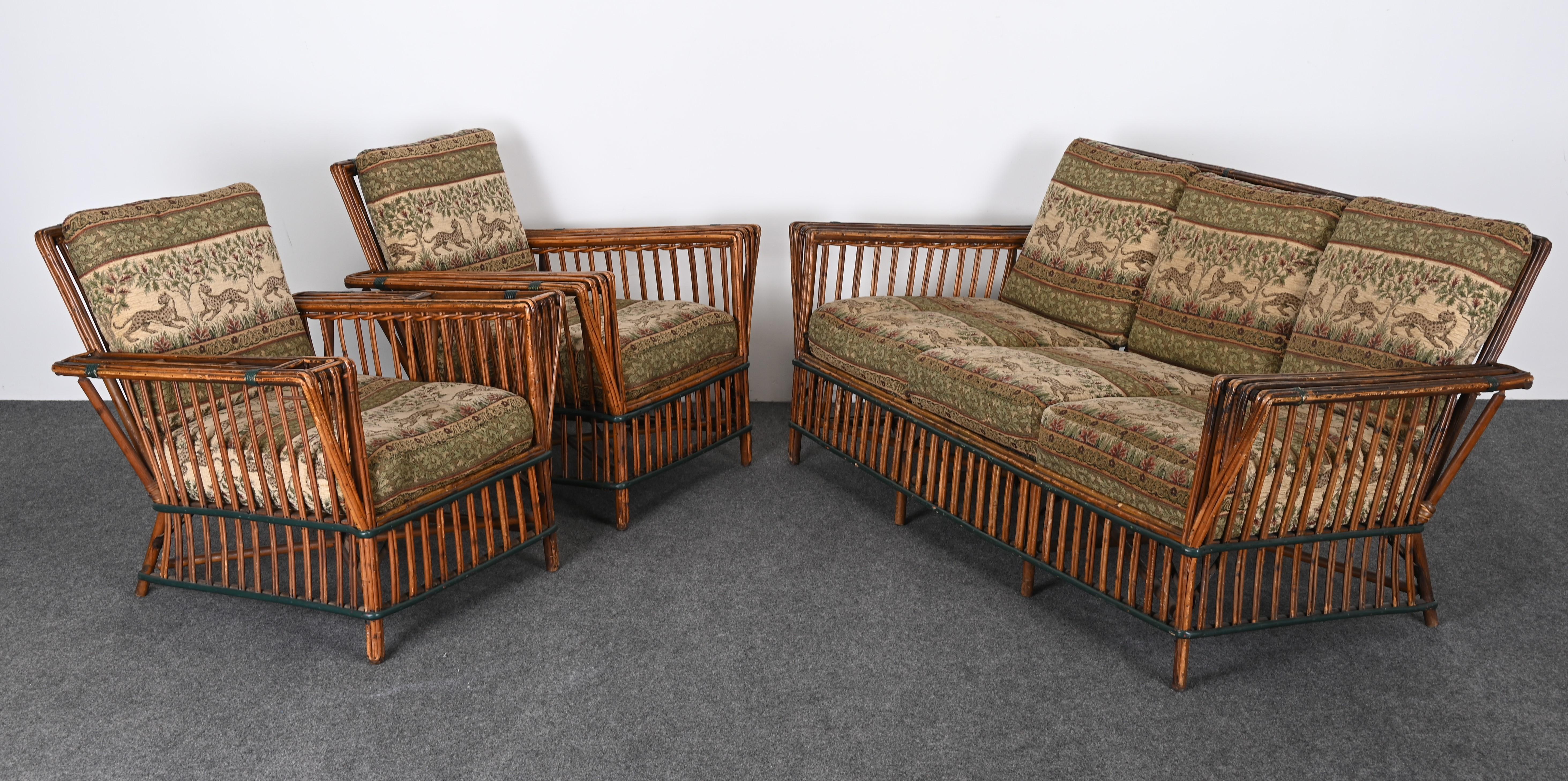 Art Deco Split Ypsilanti Stick Reed Wicker or Sofa with Pair Arm Chairs c. 1930s In Good Condition For Sale In Hamburg, PA