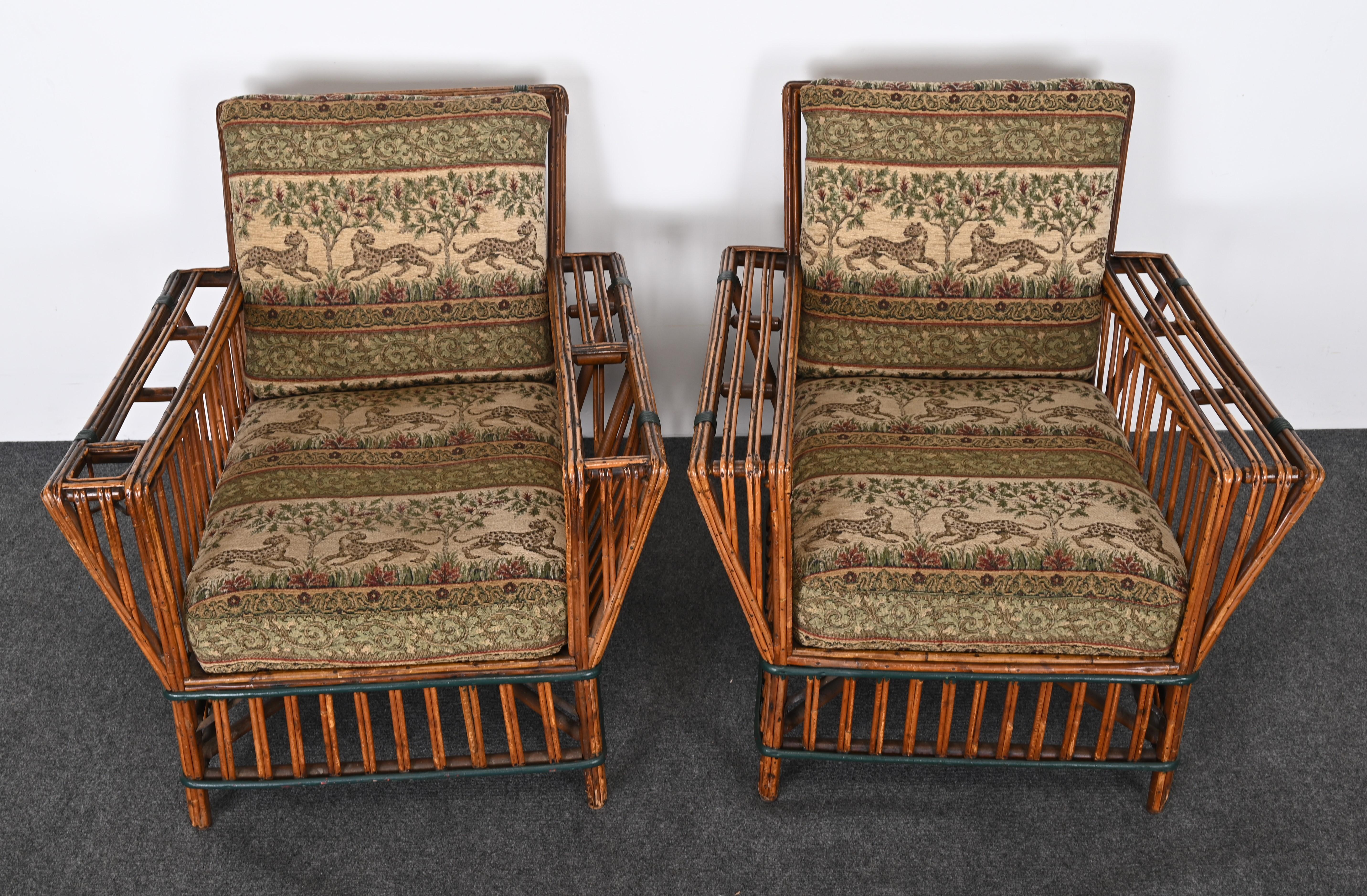 Fabric Art Deco Split Ypsilanti Stick Reed Wicker or Sofa with Pair Arm Chairs c. 1930s For Sale