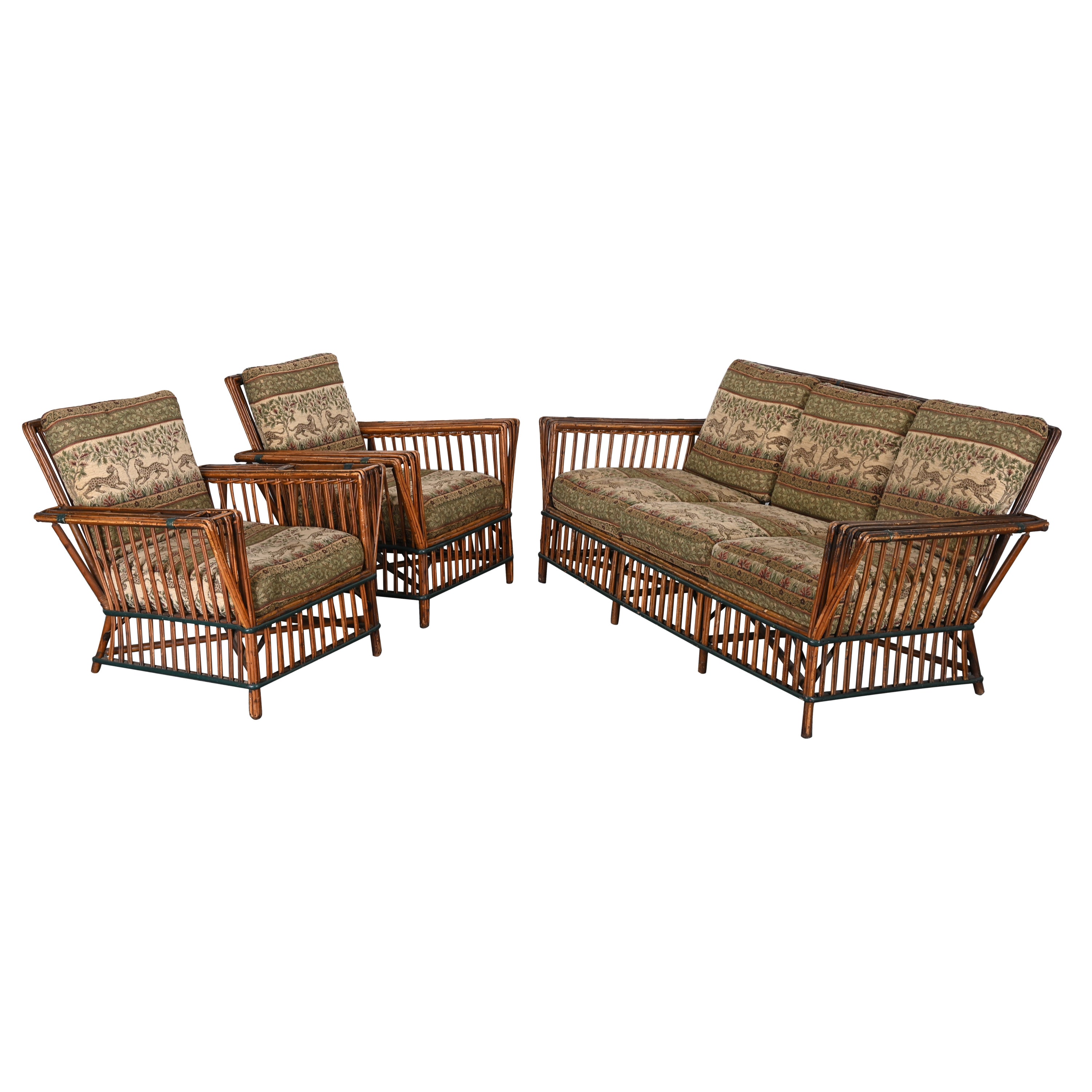 Art Deco Split Ypsilanti Stick Reed Wicker or Sofa with Pair Arm Chairs c. 1930s