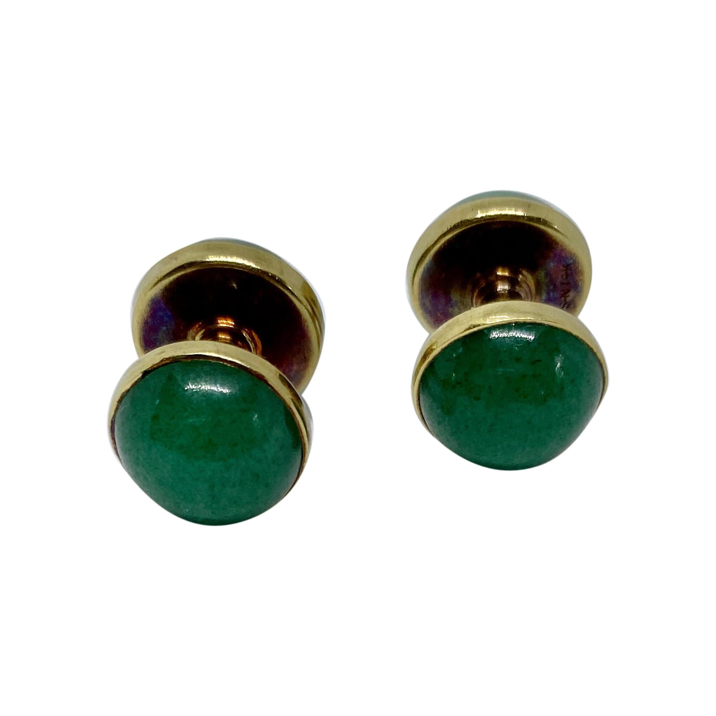 Art Deco "Spool" Cufflinks in Aventurine and Yellow Gold by Sansbury & Nellis For Sale