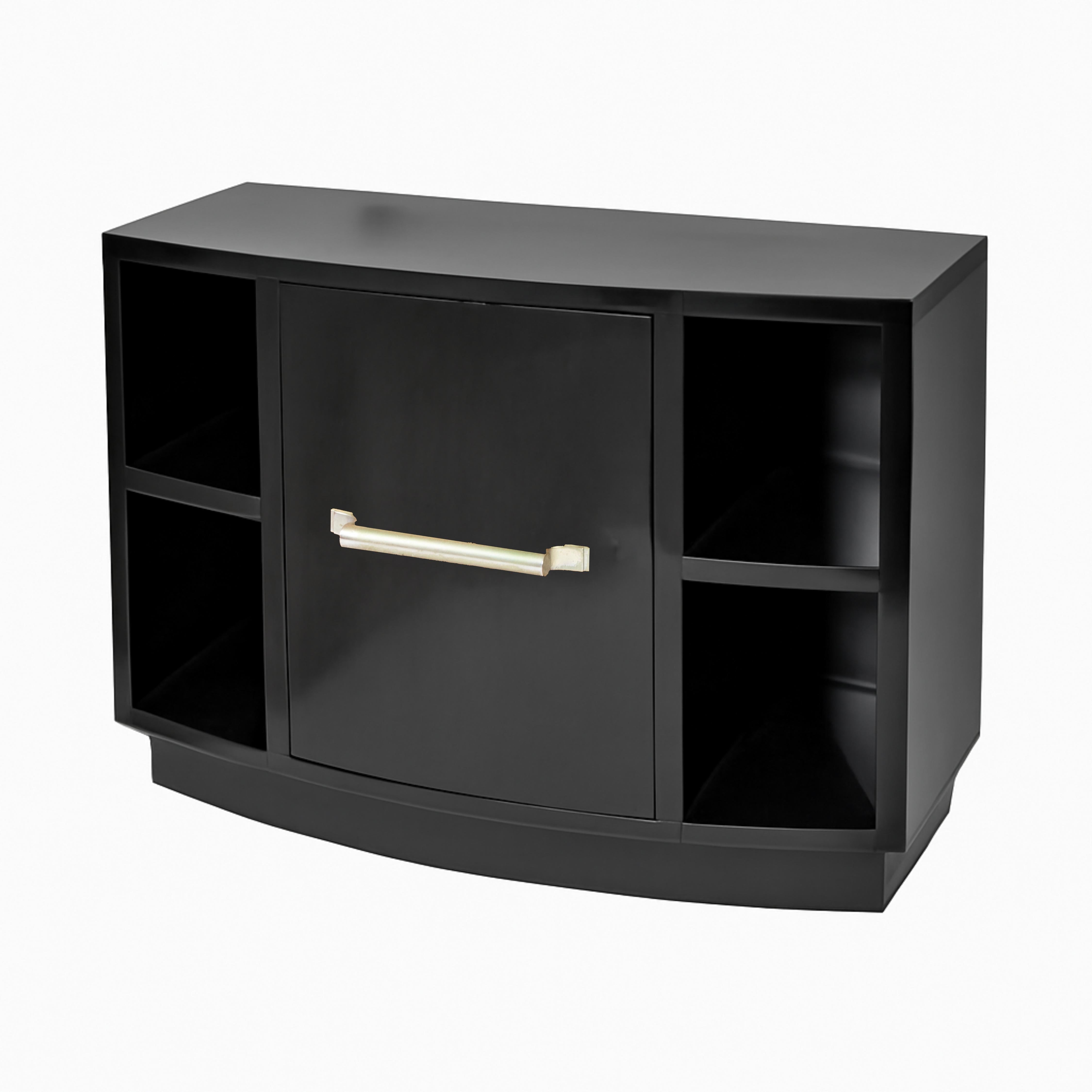 An elegant spruce wood black lacquer support piece with four bookcases and a large door. 
Small piece with tin hardware.
Order, color, geometry, words that define the Art Deco world.
In Portugal examples like this one were created for refurbishing