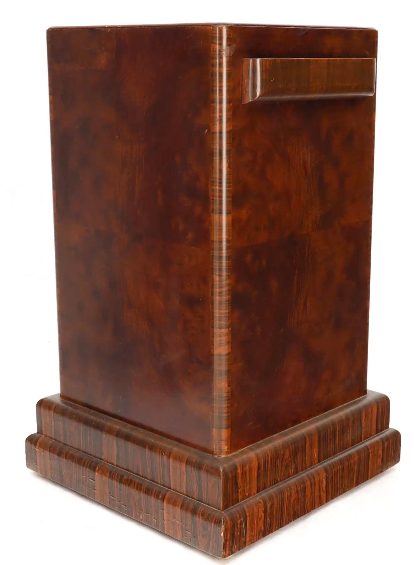 Lacquered Art Deco Square Burl Walnut Pedestal For Sale