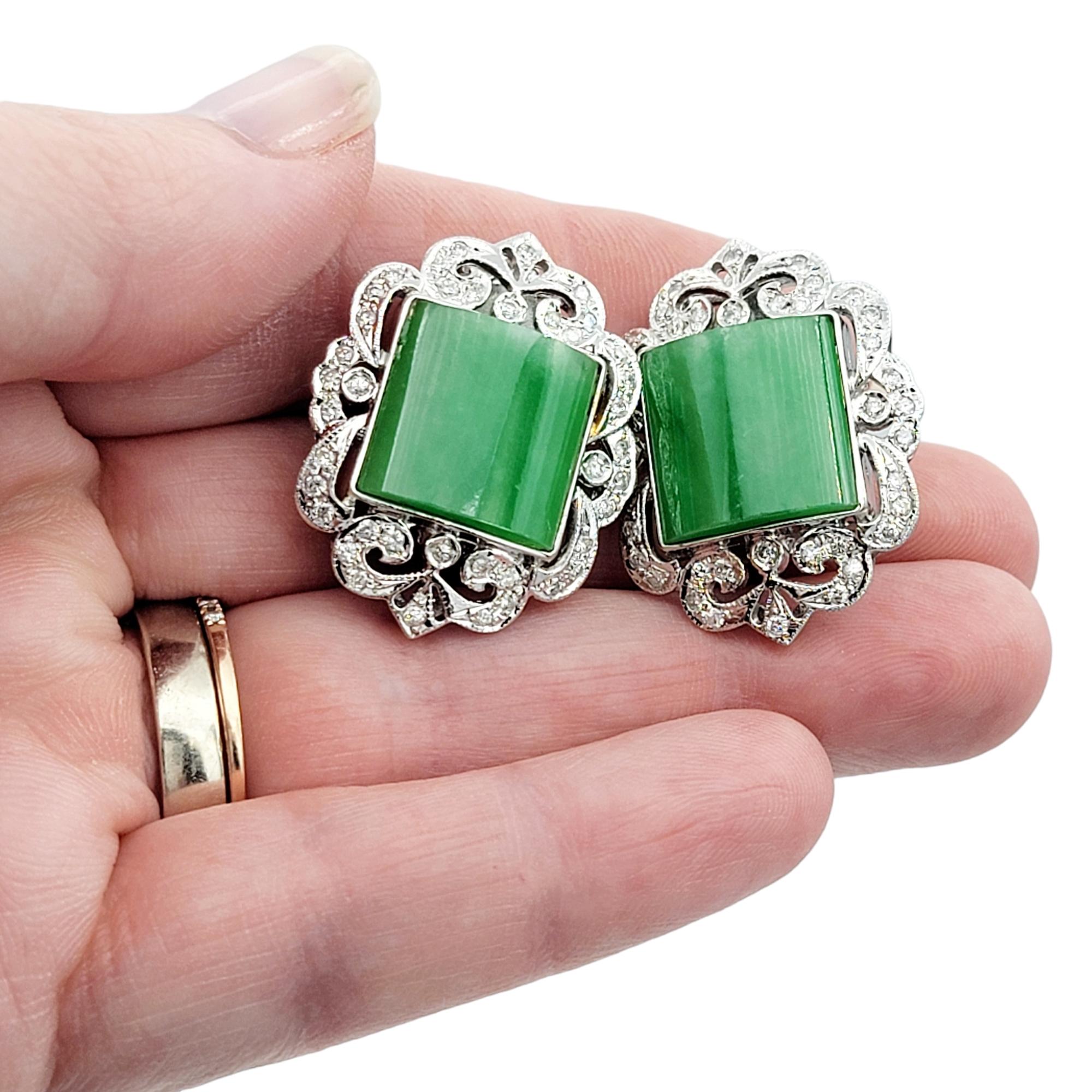 Art Deco Square Cabochon Jadeite and Diamond Earrings Set in 18 Karat White Gold For Sale 2