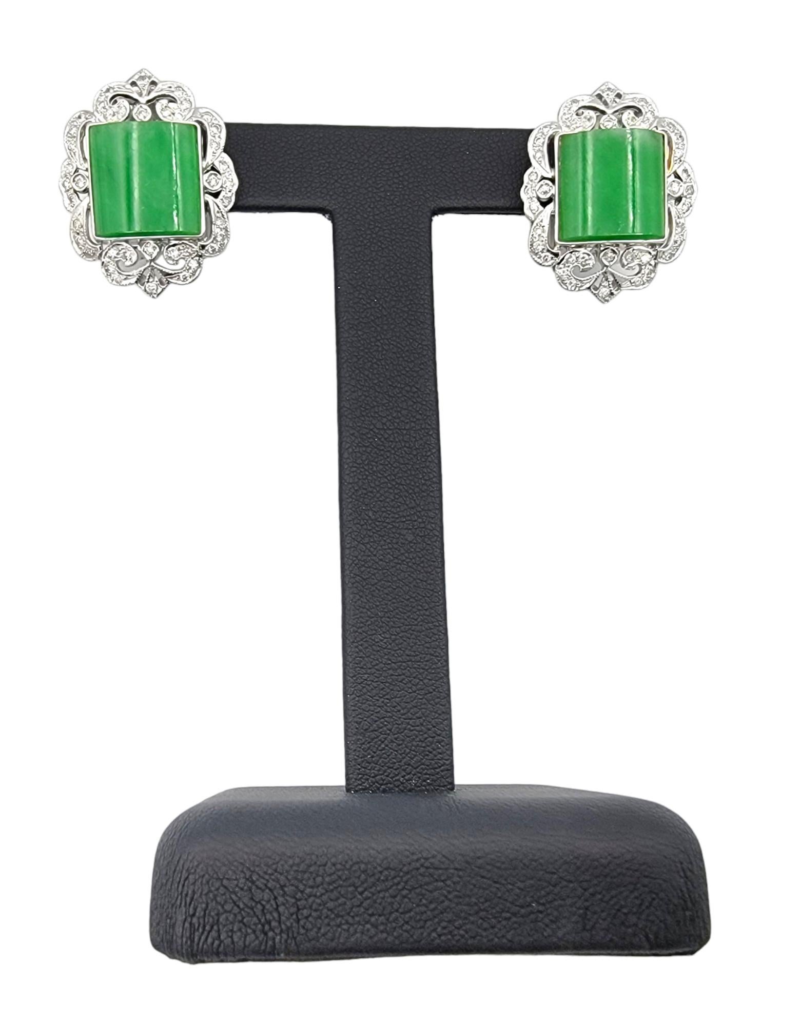 Art Deco Square Cabochon Jadeite and Diamond Earrings Set in 18 Karat White Gold For Sale 3