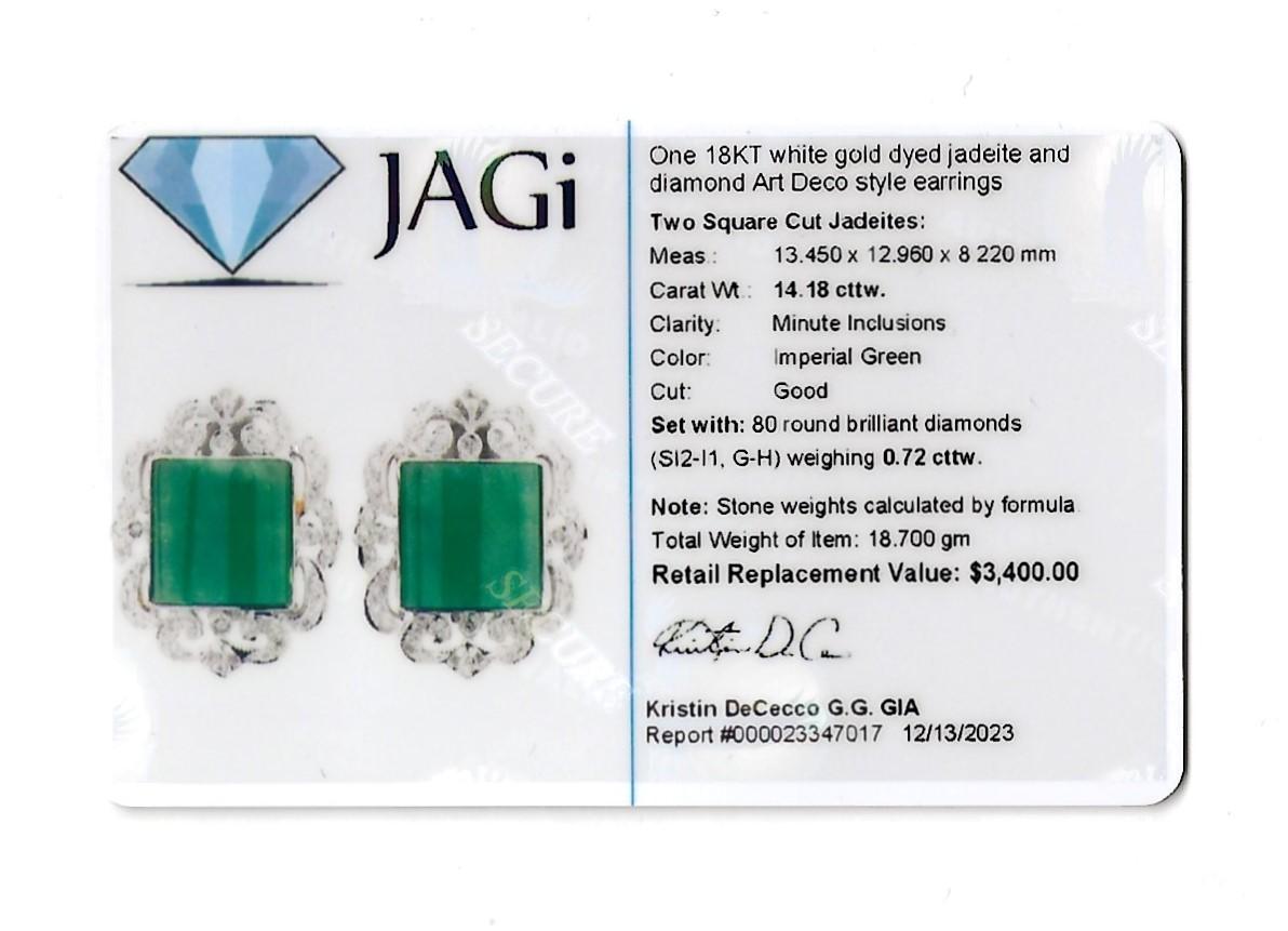 Art Deco Square Cabochon Jadeite and Diamond Earrings Set in 18 Karat White Gold For Sale 4