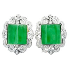 Art Deco Square Cabochon Jadeite and Diamond Earrings Set in 18 Karat White Gold