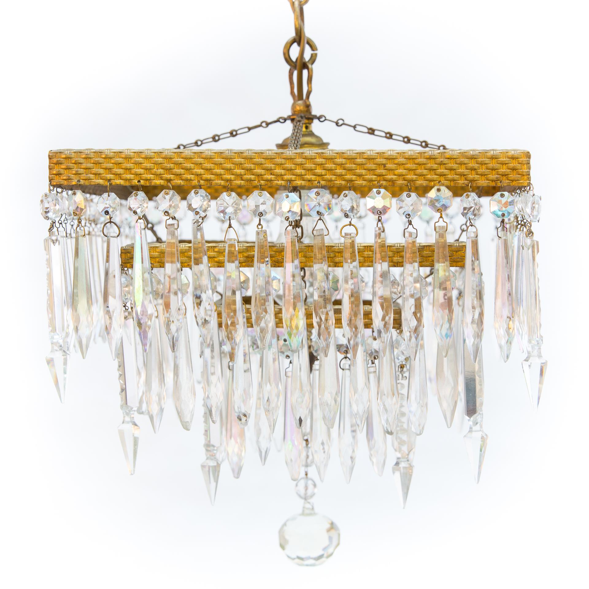 European Art Deco Square Crystal Chandelier, Gilded For Sale