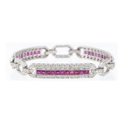 Art Deco Square Cut Ruby & Diamond Pave in 18K White Gold Link Tennis Bracelet