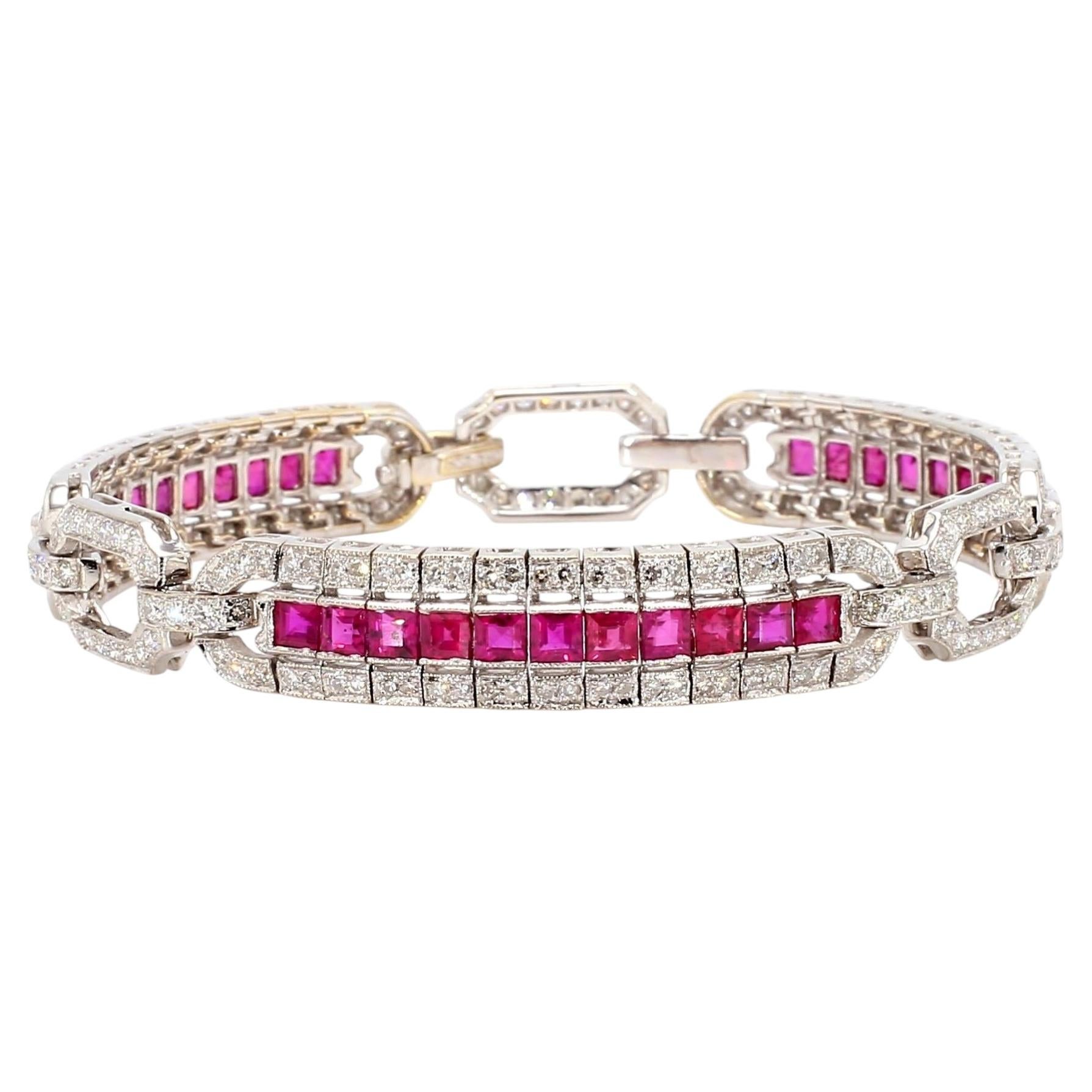 Art Deco Square Cut Ruby & Diamond Pave in 18K White Gold Link Tennis Bracelet