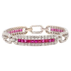 Art Deco Square Cut Ruby & Diamond Pave in 18K White Gold Link Tennis Bracelet