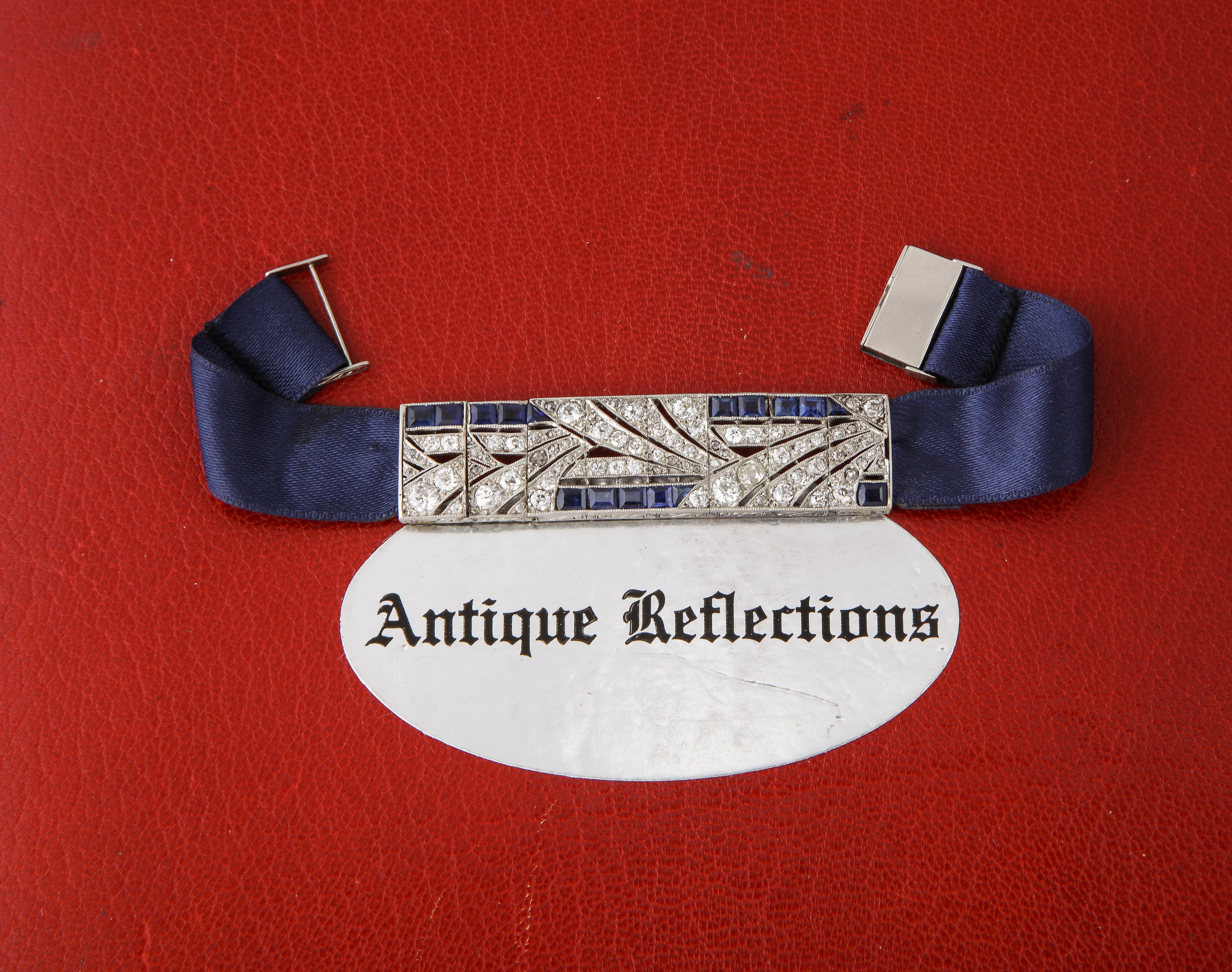 Art Deco Square Cut Sapphire with Diamonds Platinum Elegant Ribbon Bracelet For Sale 5