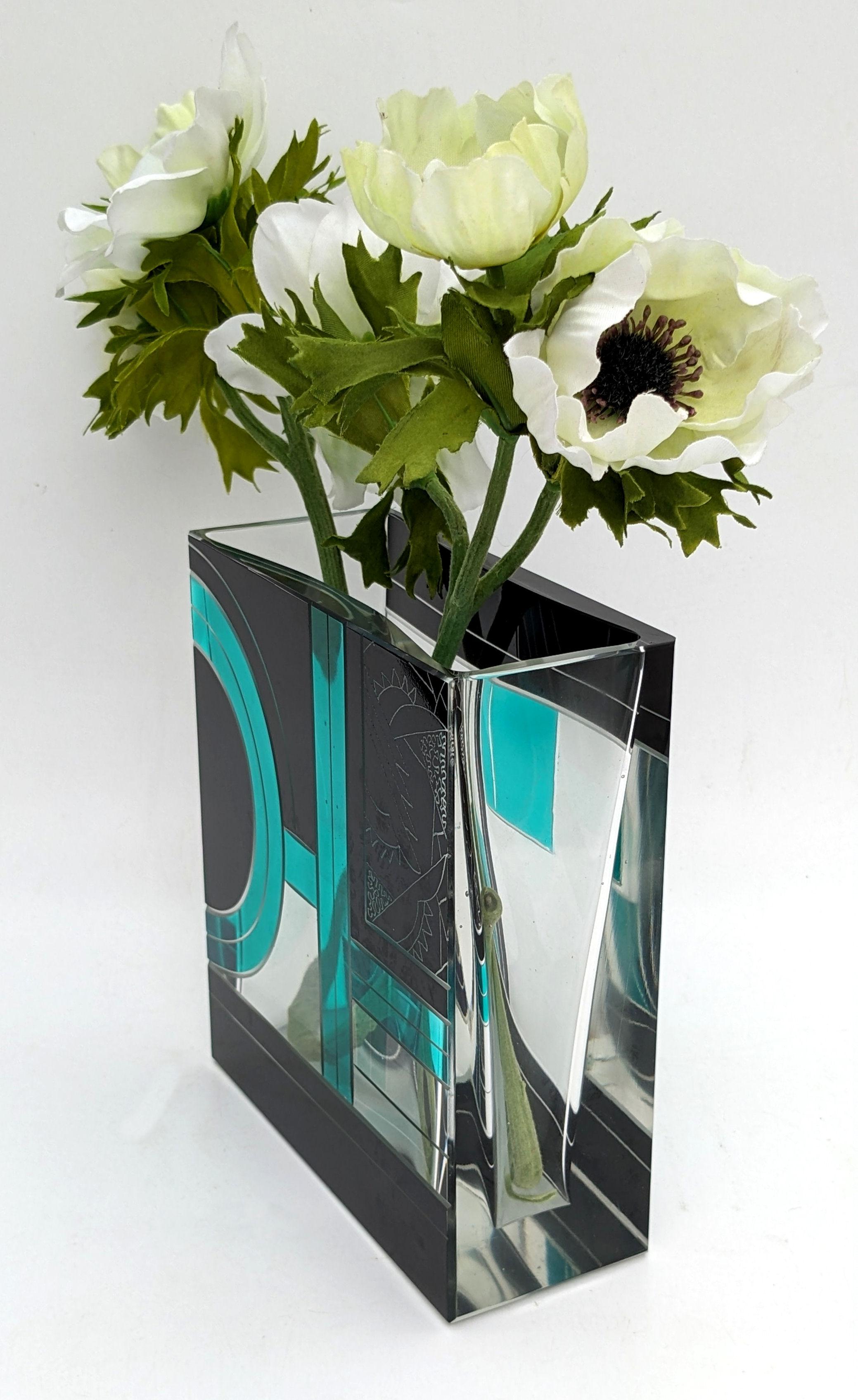 20th Century Art Deco Square Glass & Enamel Etched Vase, Karl Palda, c1930 For Sale