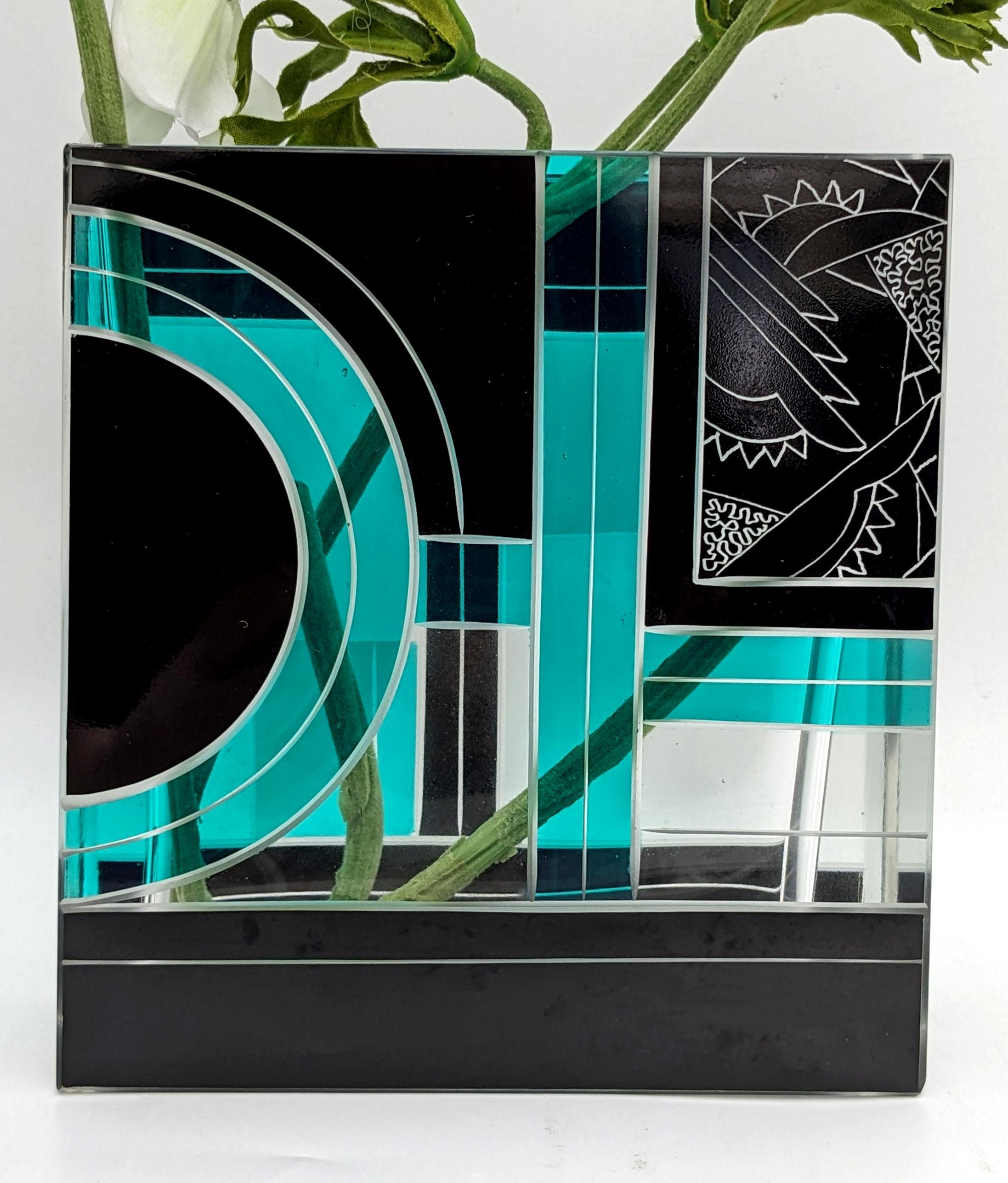Art Deco Square Glass & Enamel Etched Vase, Karl Palda, c1930 For Sale 1