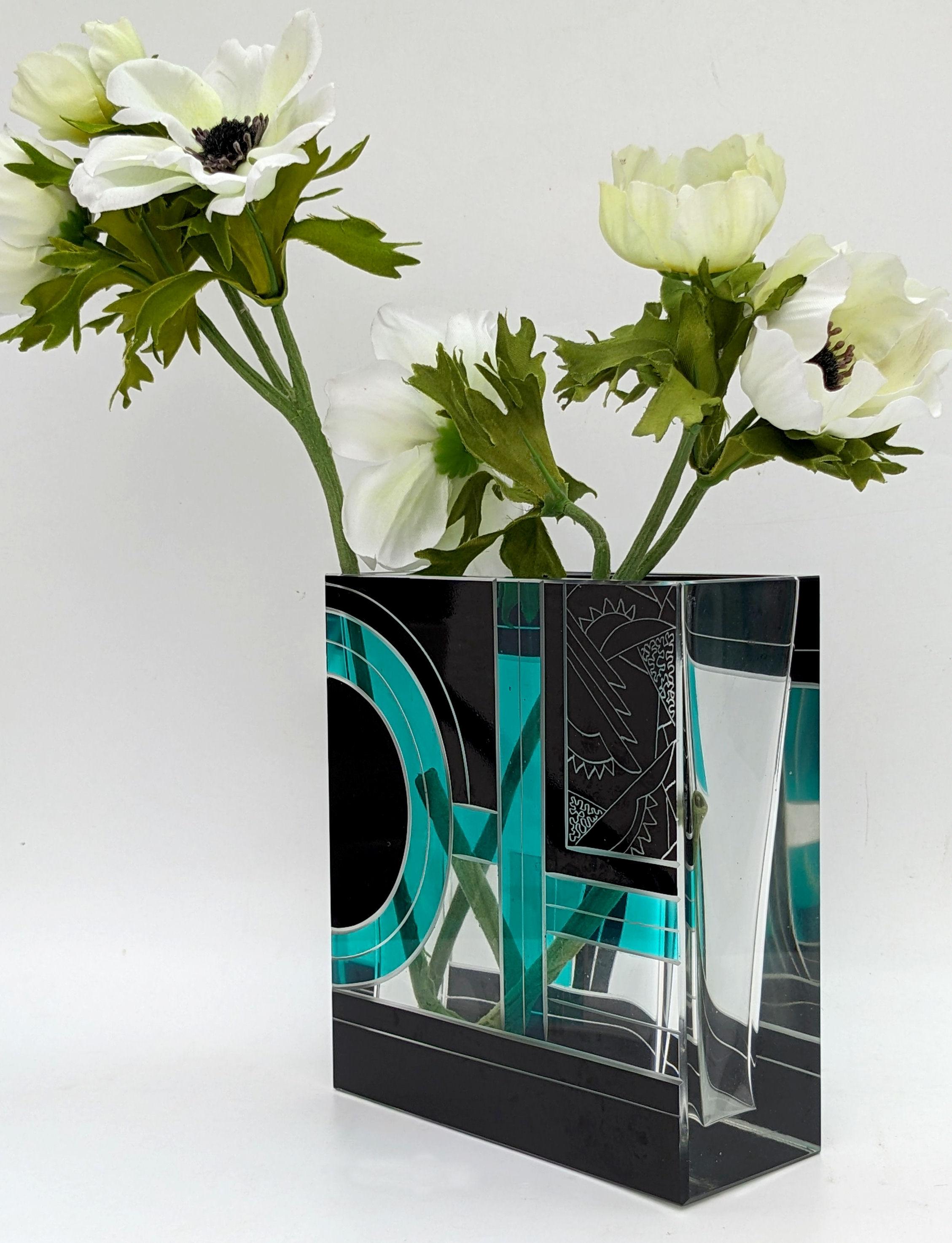 Art Deco Square Glass & Enamel Etched Vase, Karl Palda, c1930 For Sale 2