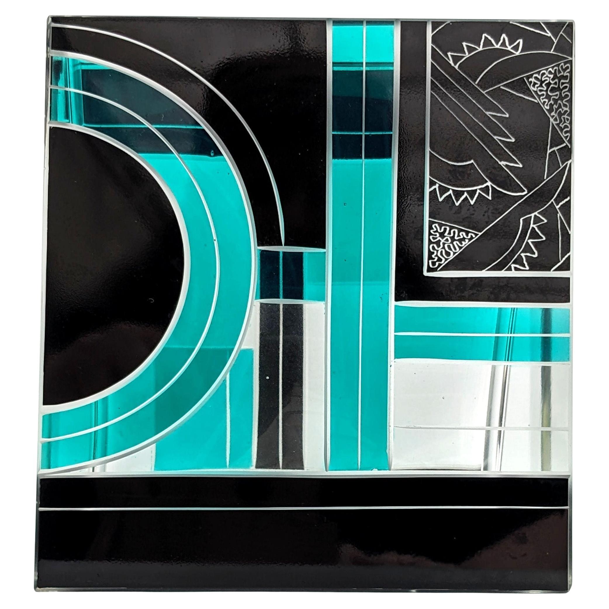 Art Deco Square Glass & Enamel Etched Vase, Karl Palda, c1930 For Sale