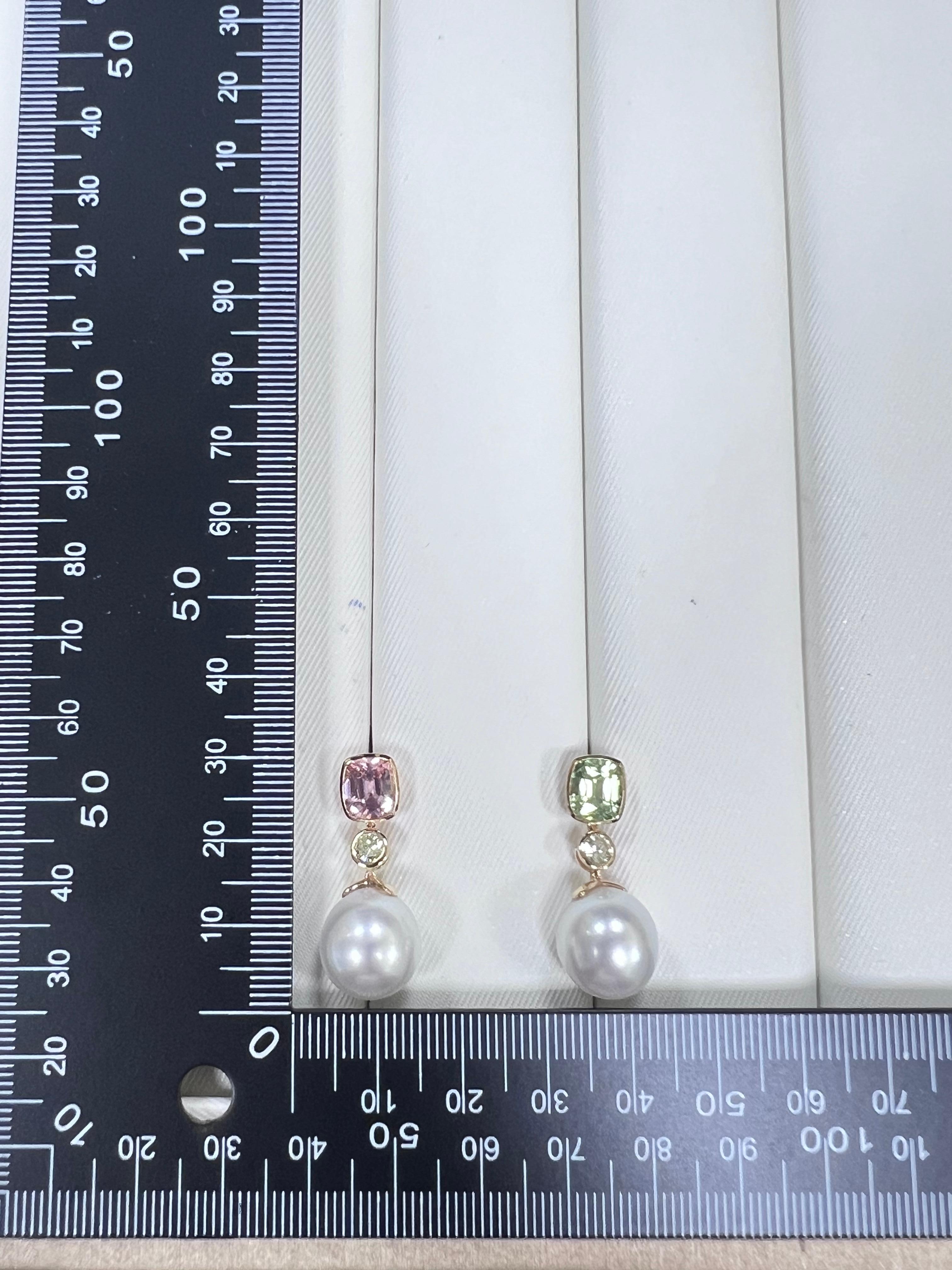 These elegant earrings feature two radiant tourmalines in a cushion cut, each stone accented by a brilliant diamond and completed with luxurious South Sea pearls. Crafted in 18-karat gold, the design embodies sophistication, offering a stunning
