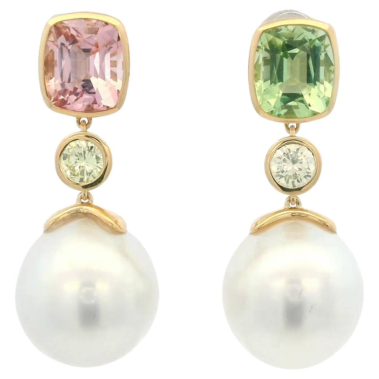 Art Deco 12x13mm South Sea Pearl  & Tourmaline Earrings in 18 Karat Gold In New Condition In Hong Kong, HK