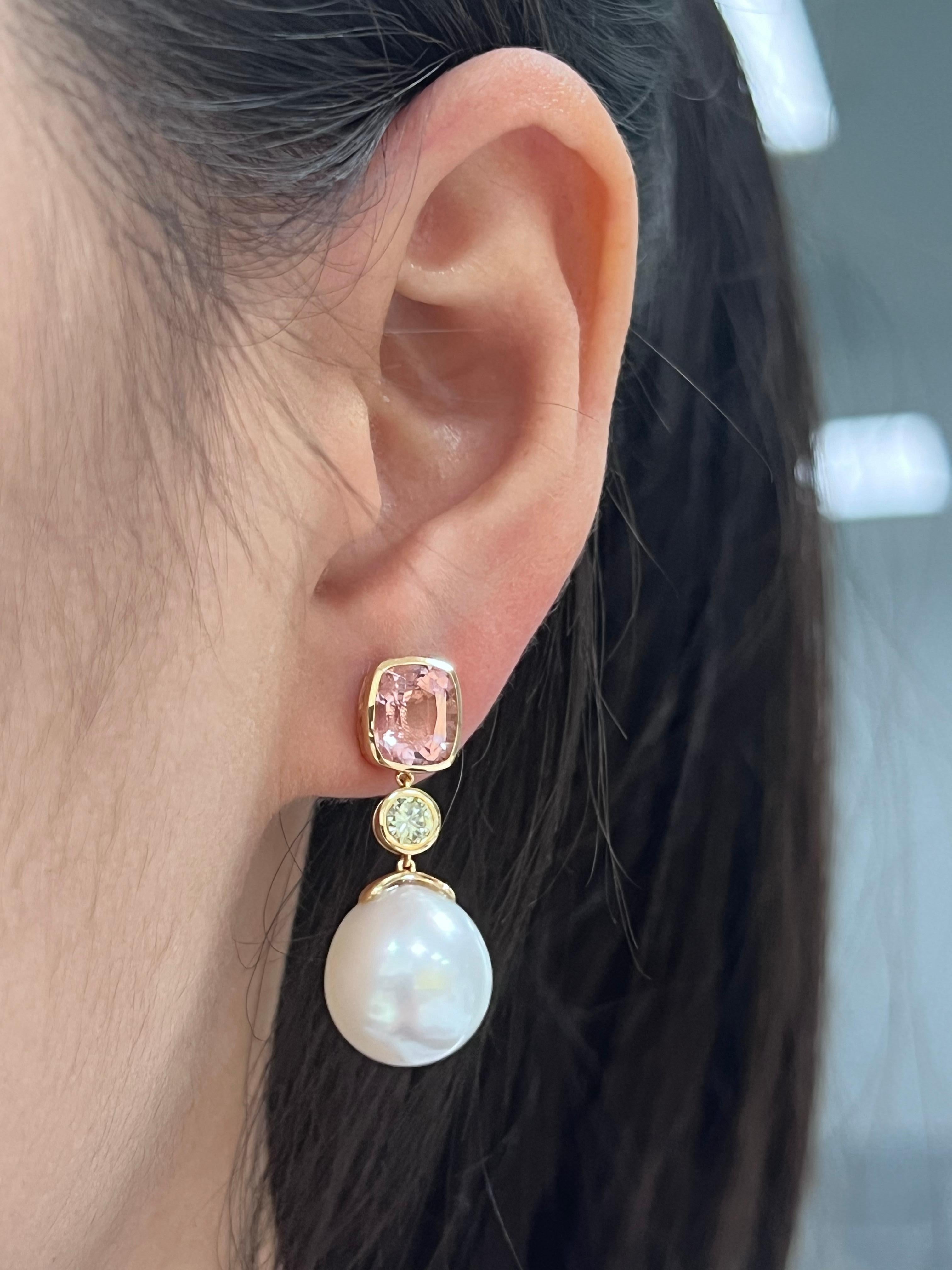 Contemporary Art Deco 12x13mm South Sea Pearl  & Tourmaline Earrings in 18 Karat Gold