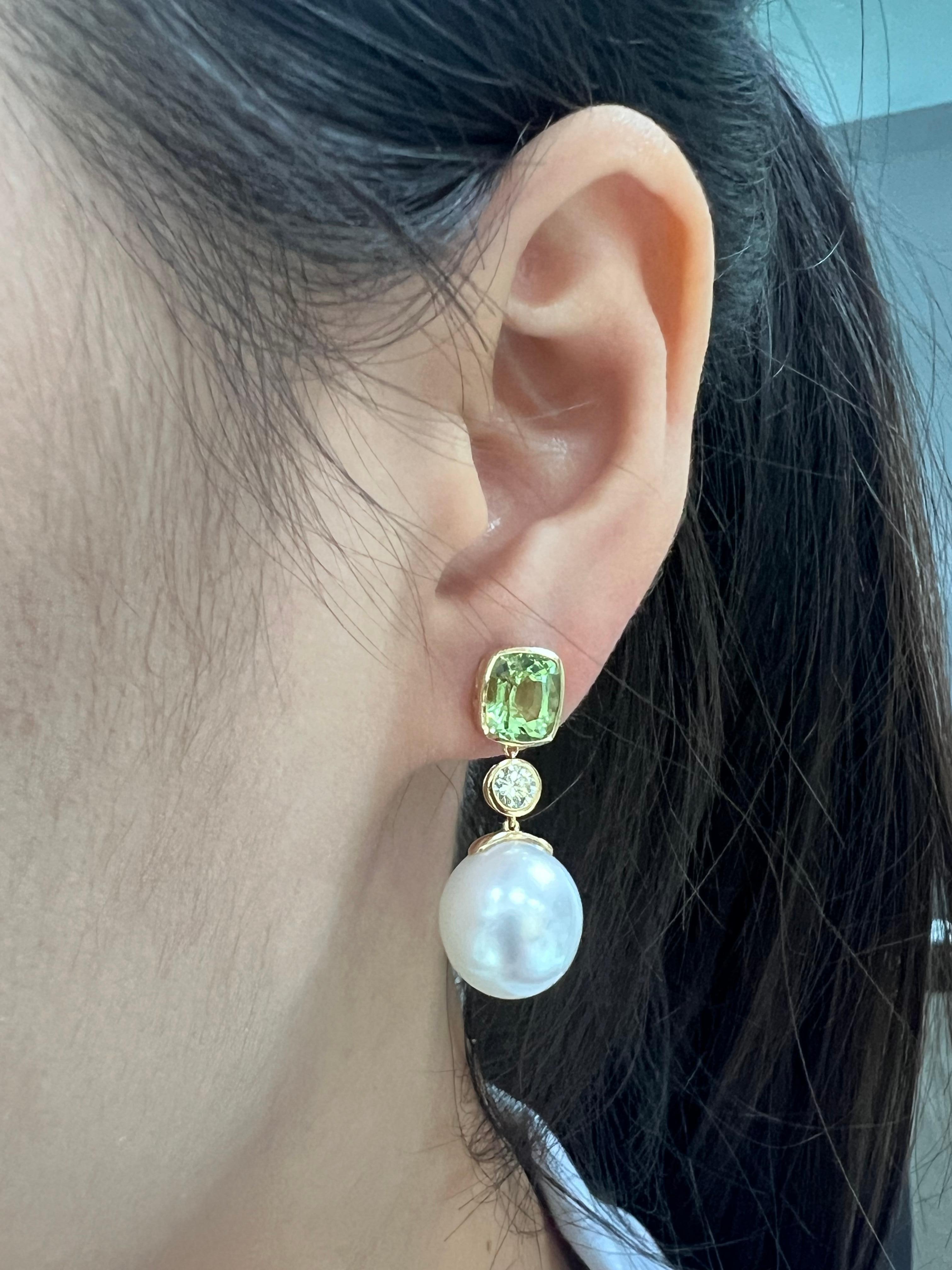 Mixed Cut Art Deco 12x13mm South Sea Pearl  & Tourmaline Earrings in 18 Karat Gold