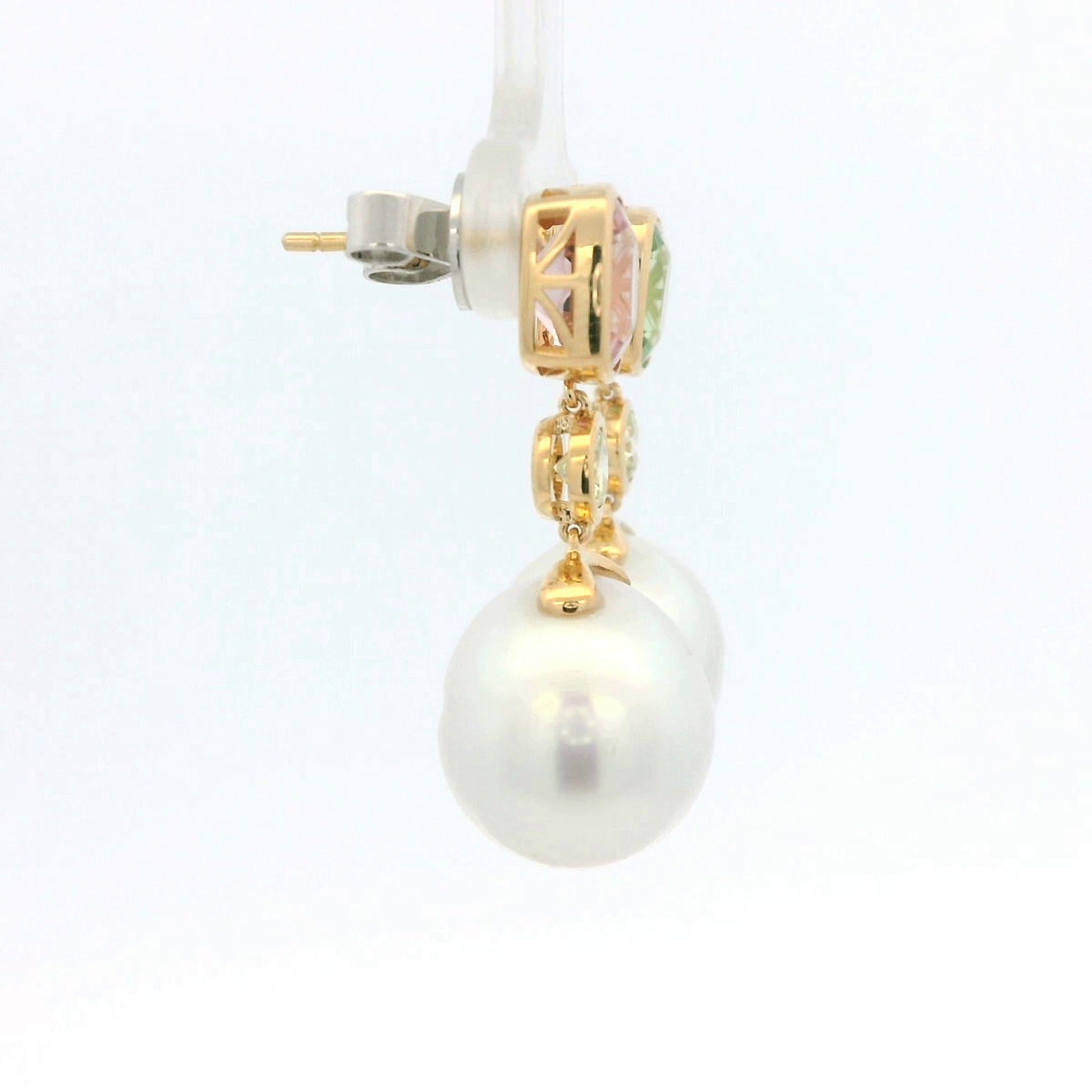 Women's Art Deco 12x13mm South Sea Pearl  & Tourmaline Earrings in 18 Karat Gold