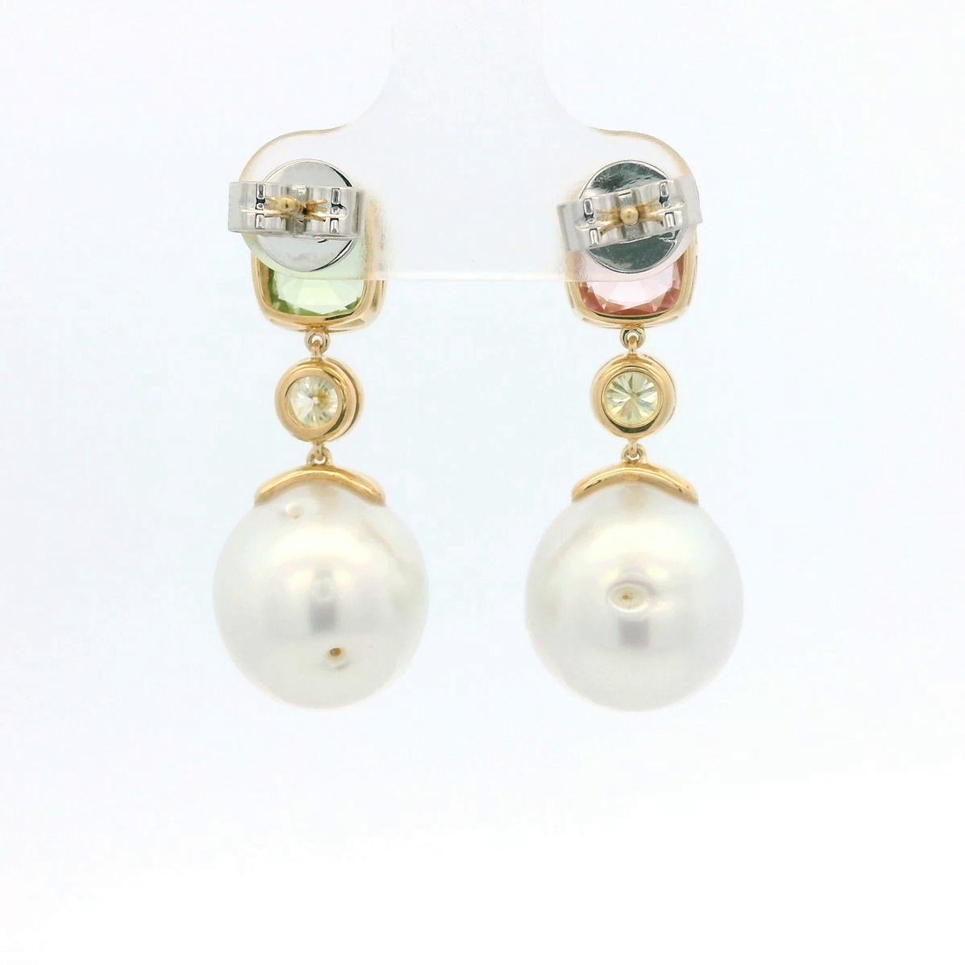 Art Deco 12x13mm South Sea Pearl  & Tourmaline Earrings in 18 Karat Gold 1