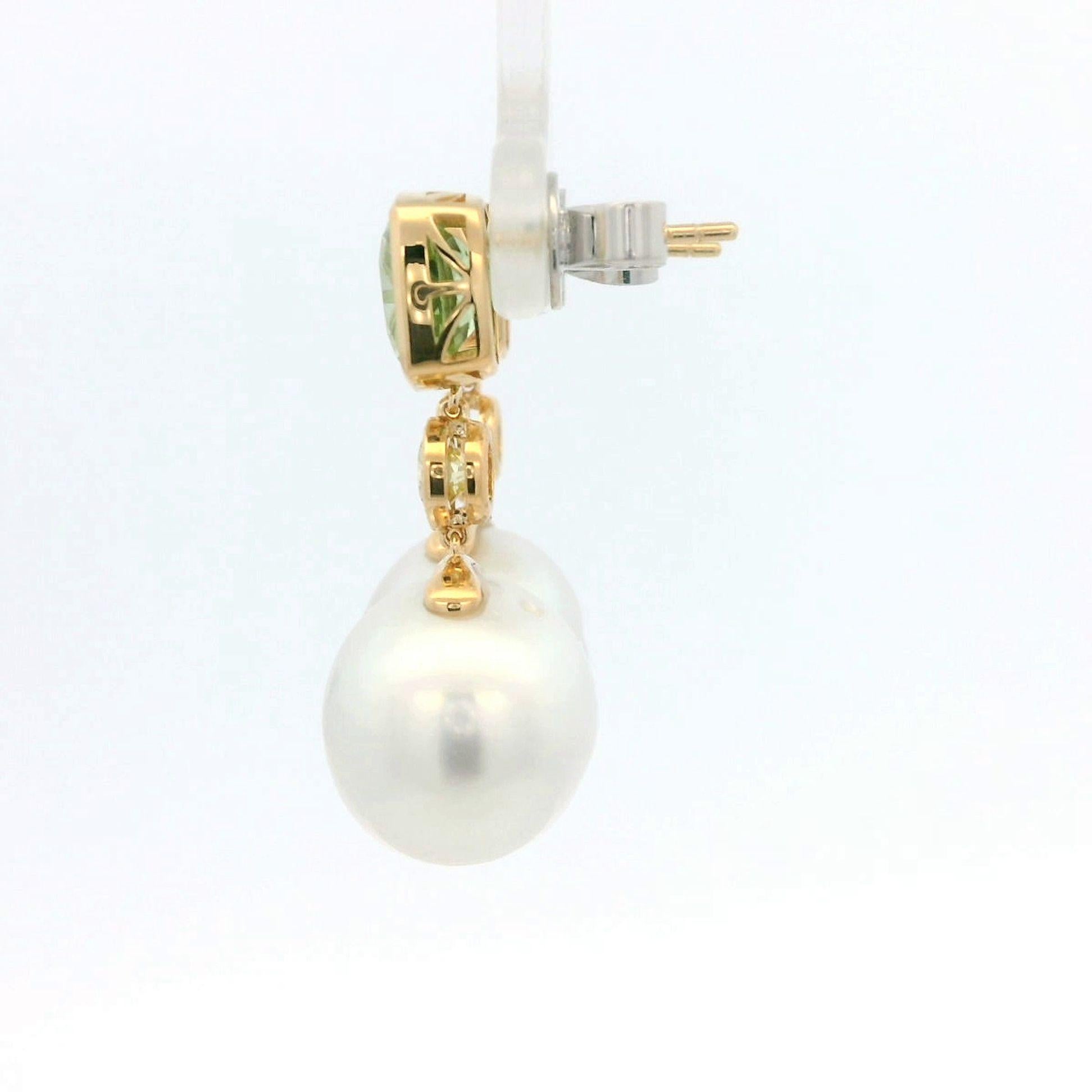 Art Deco 12x13mm South Sea Pearl  & Tourmaline Earrings in 18 Karat Gold 2