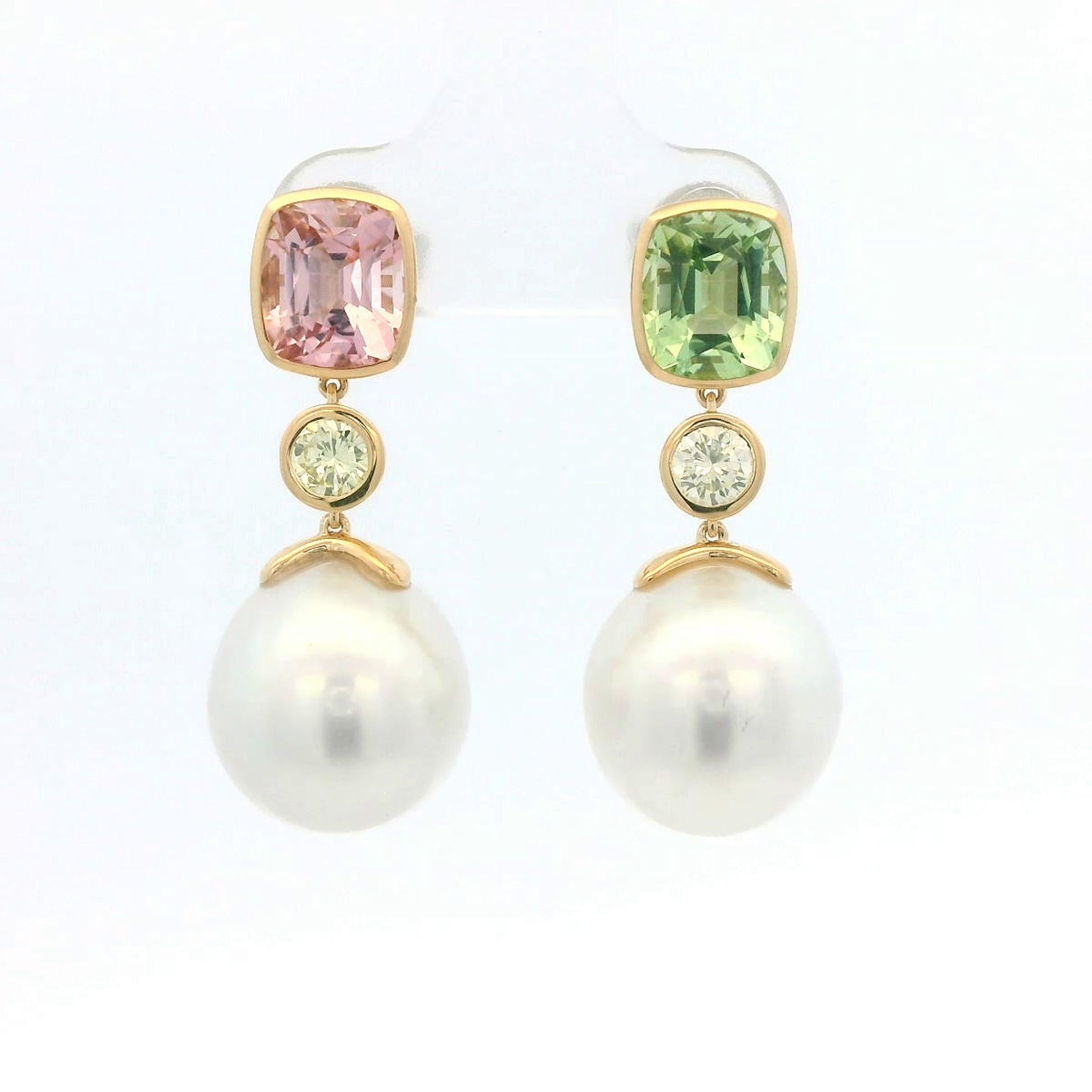 Art Deco 12x13mm South Sea Pearl  & Tourmaline Earrings in 18 Karat Gold 4