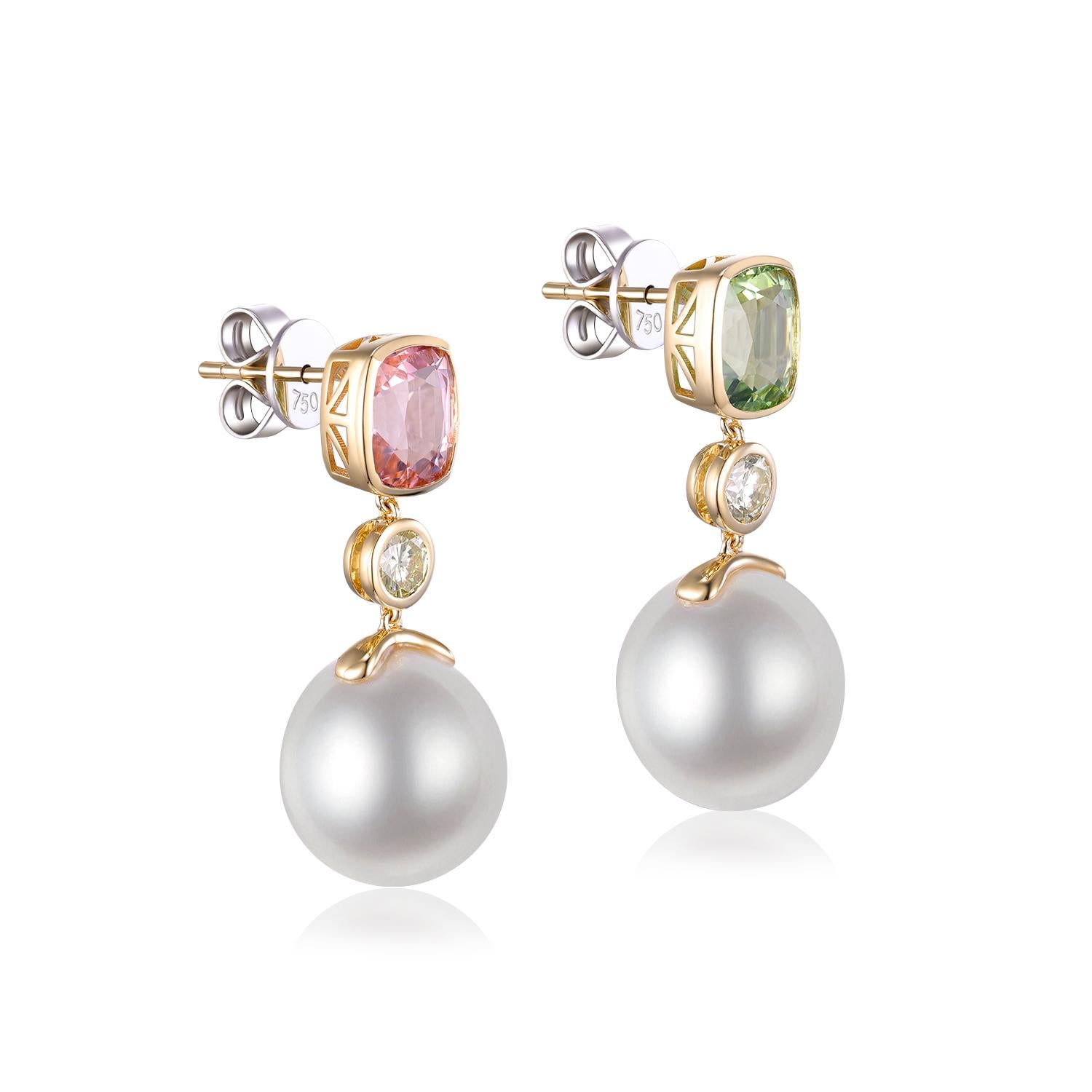 Art Deco 12x13mm South Sea Pearl  & Tourmaline Earrings in 18 Karat Gold 5