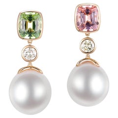 Art Deco 12x13mm South Sea Pearl  & Tourmaline Earrings in 18 Karat Gold