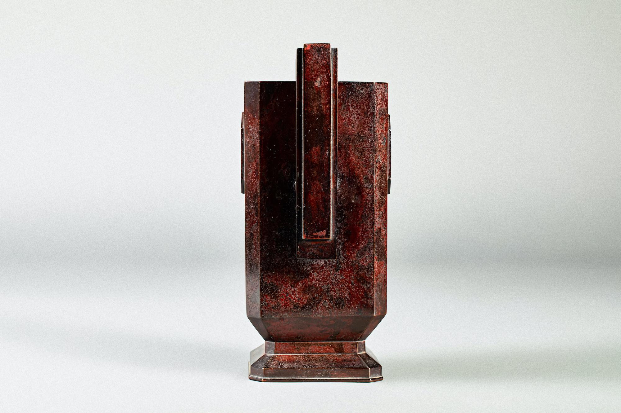 Japanese Art Deco Squared Bronze Vase For Sale